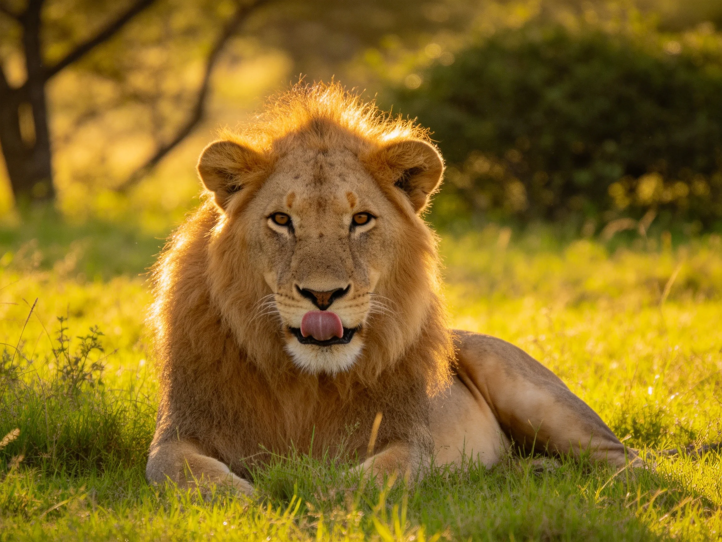 A magnificent lion rests in sunlit savannah grass.