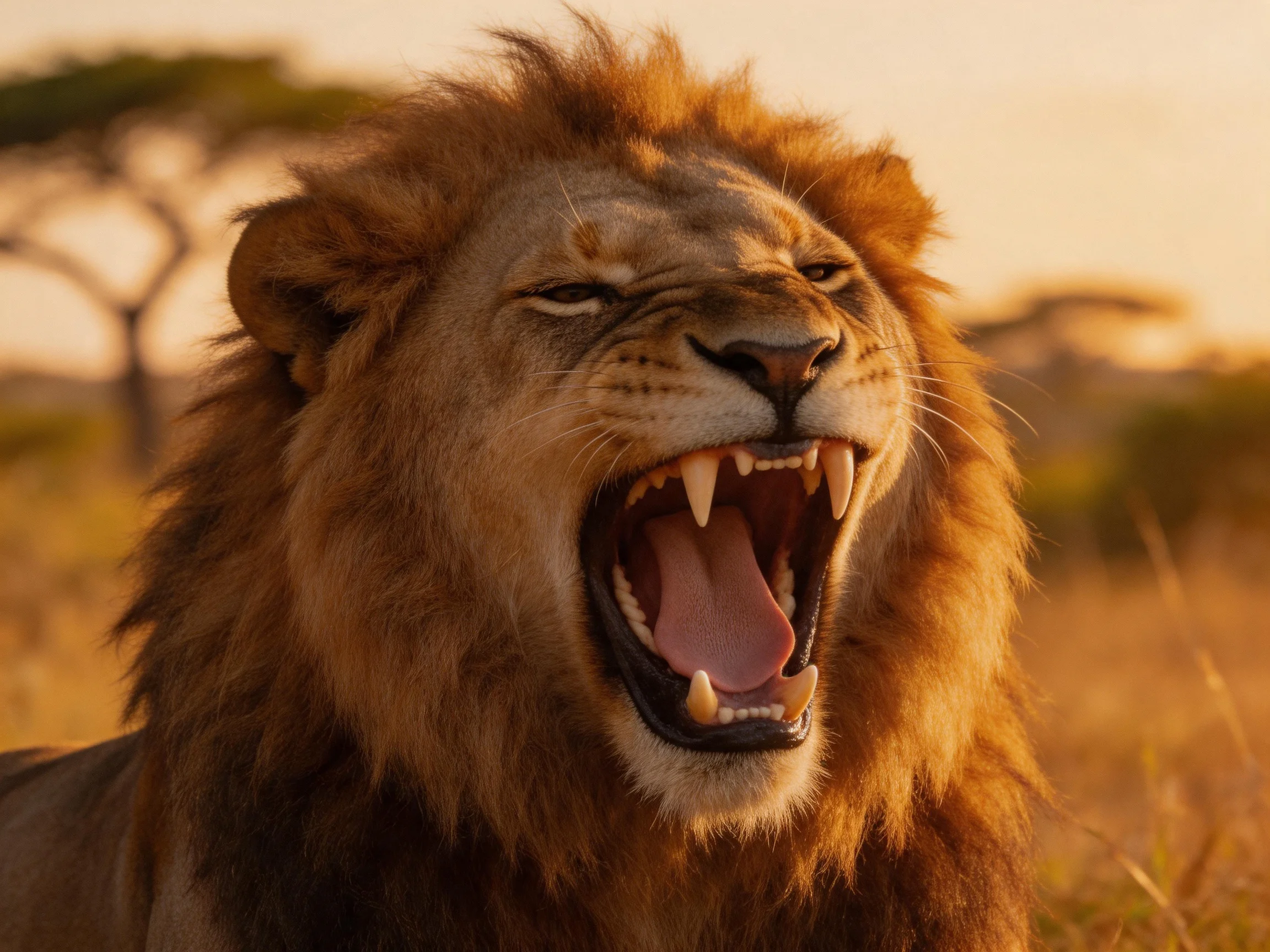 A magnificent male lion roars in golden savannah landscape