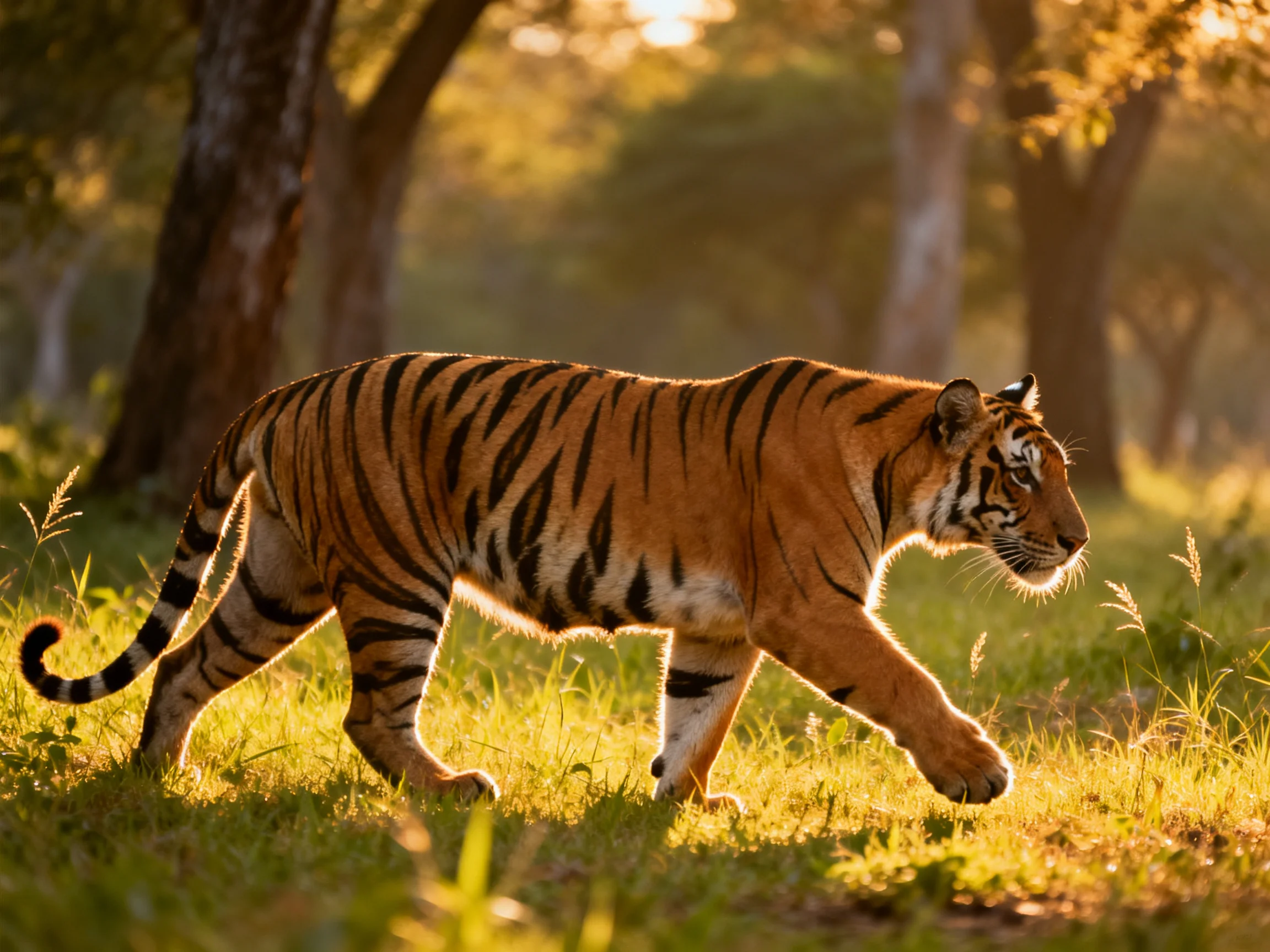 An orange tiger moves through a sunlit forest area.