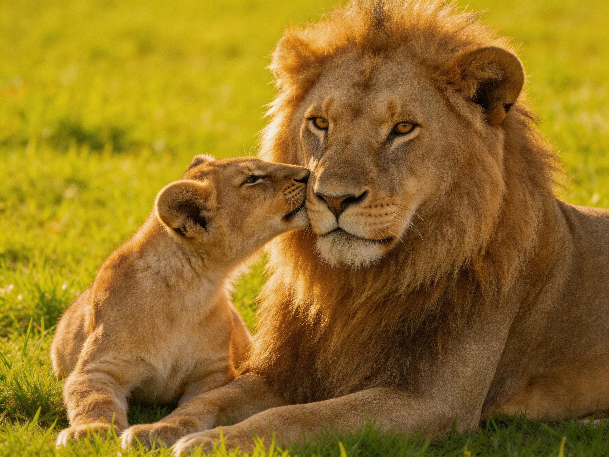 An adult lion and cub rest together on lush green grass.