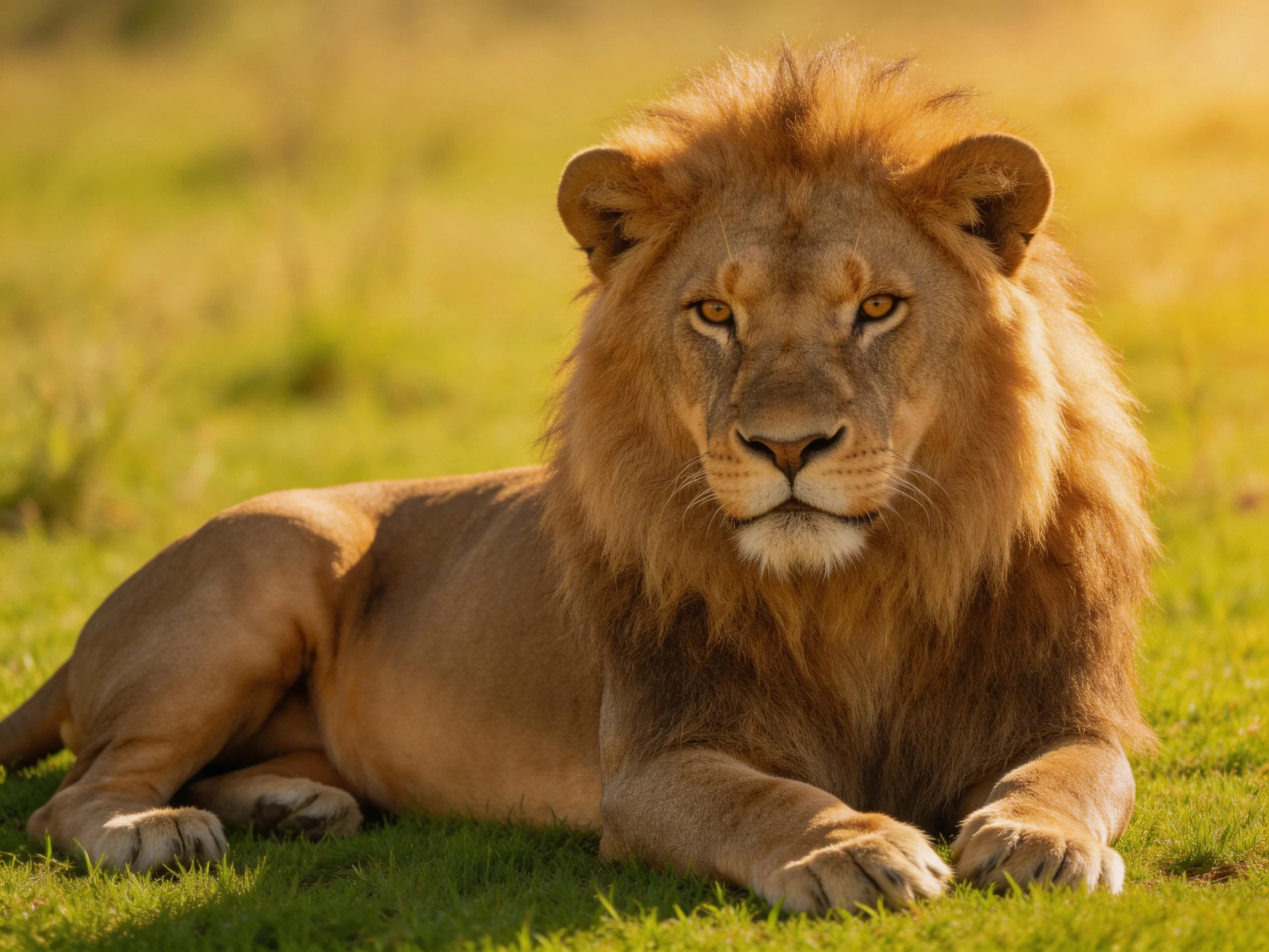 A majestic lion rests calmly on sunlit grass.