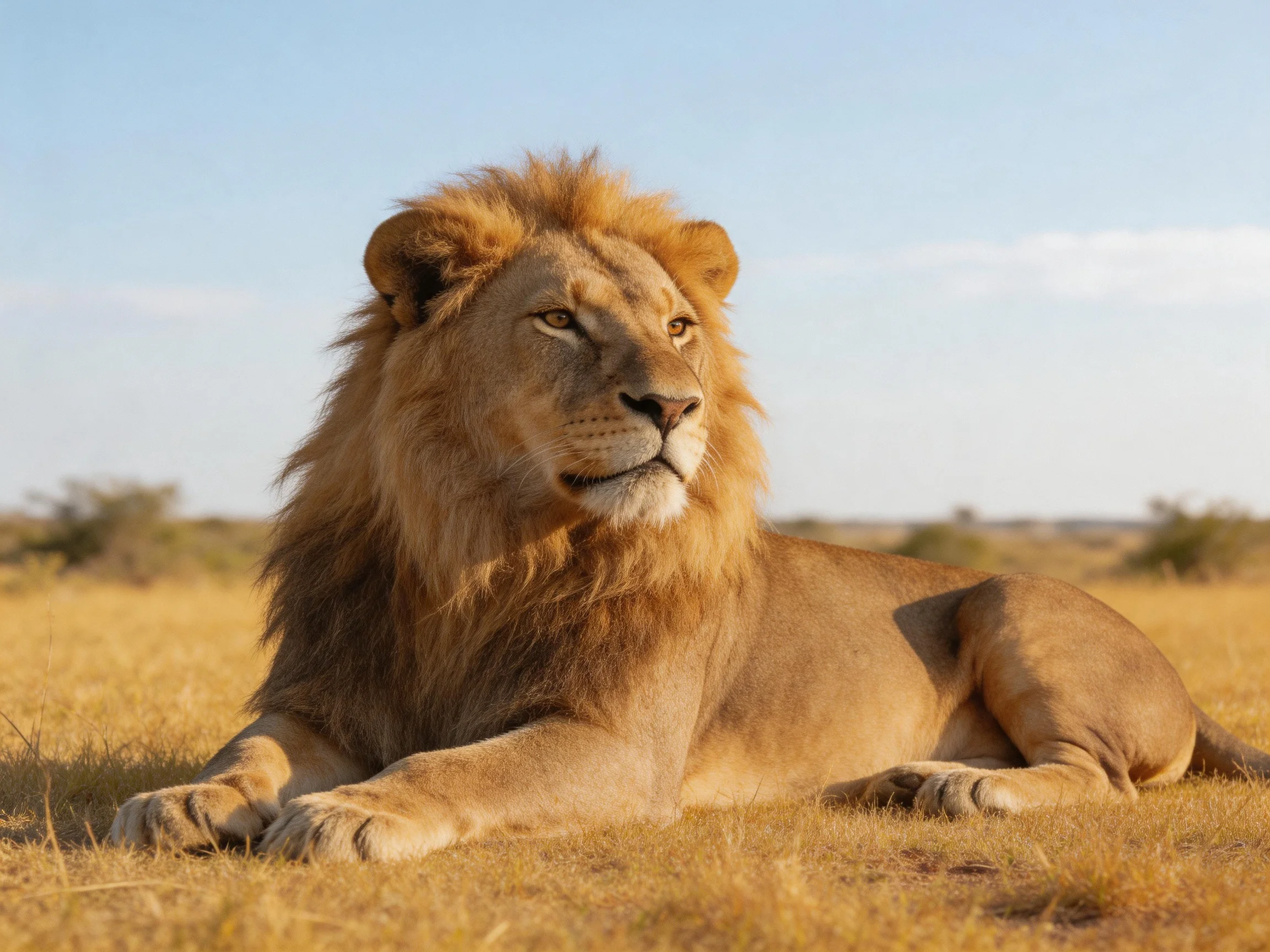 A majestic male lion rests in sunlit savannah grasslands.