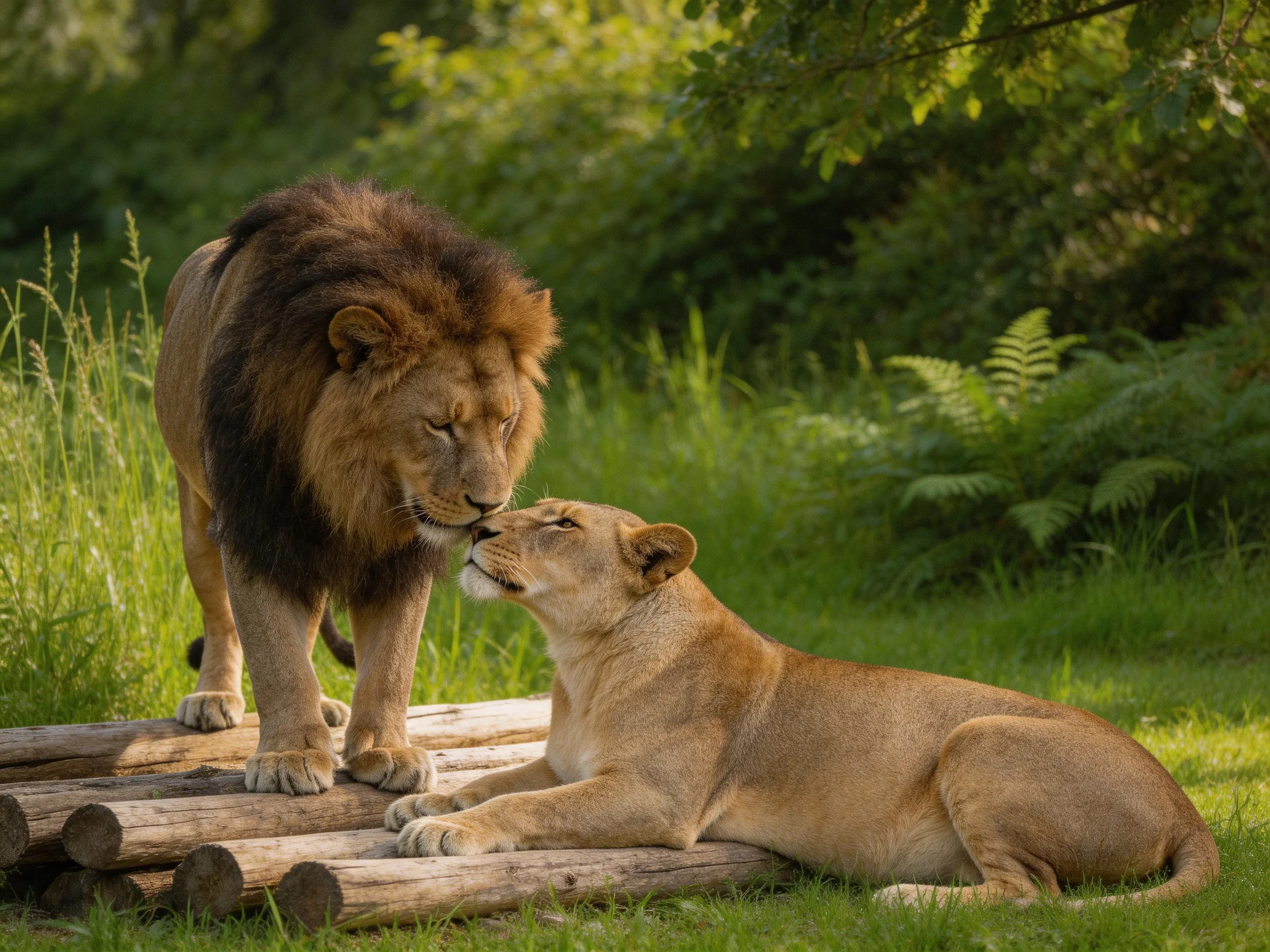 A brown male lion and tawny lioness interact near wooden logs in a verdant setting.