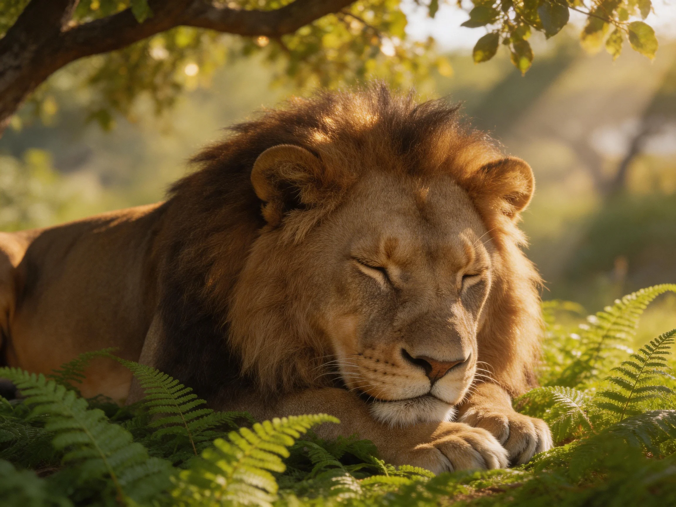 A brown lion rests among ferns in a sunlit natural setting.
