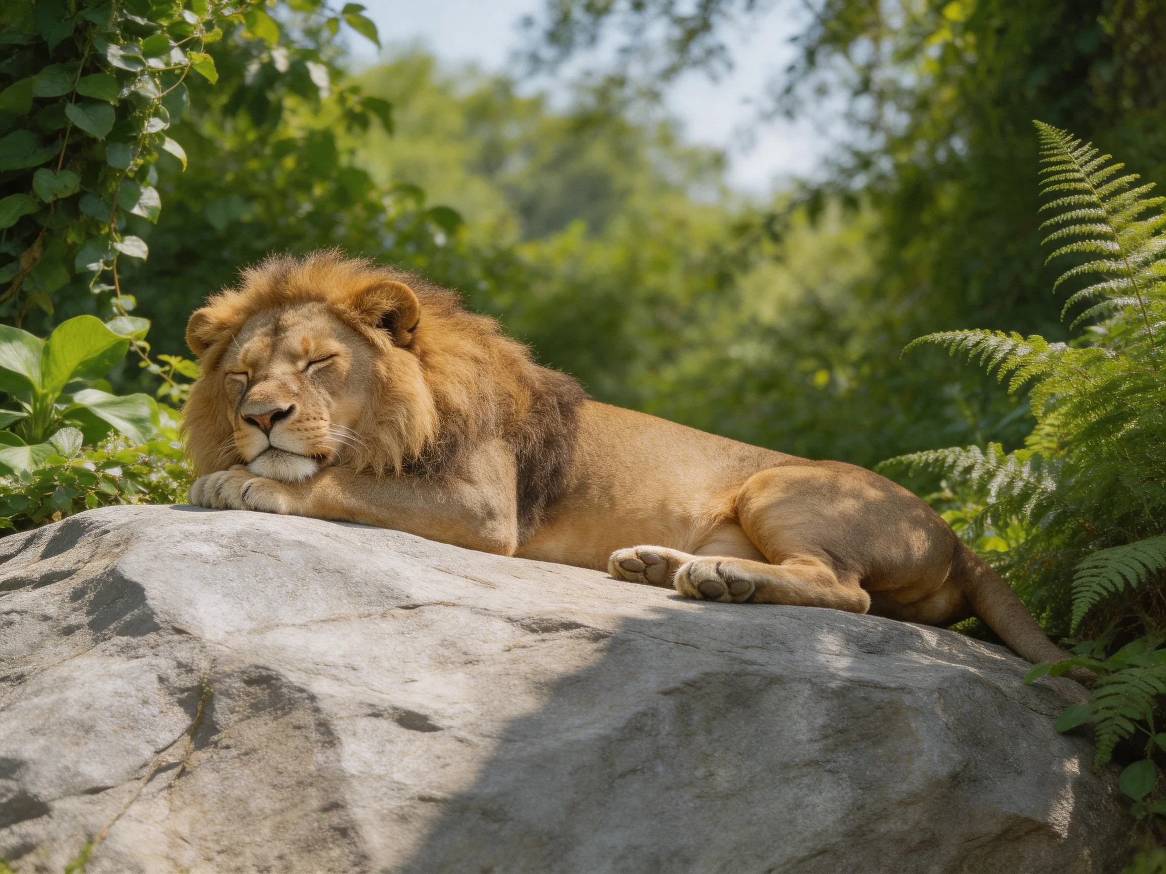 A brown lion sleeps peacefully atop a large rock surrounded by green plants.