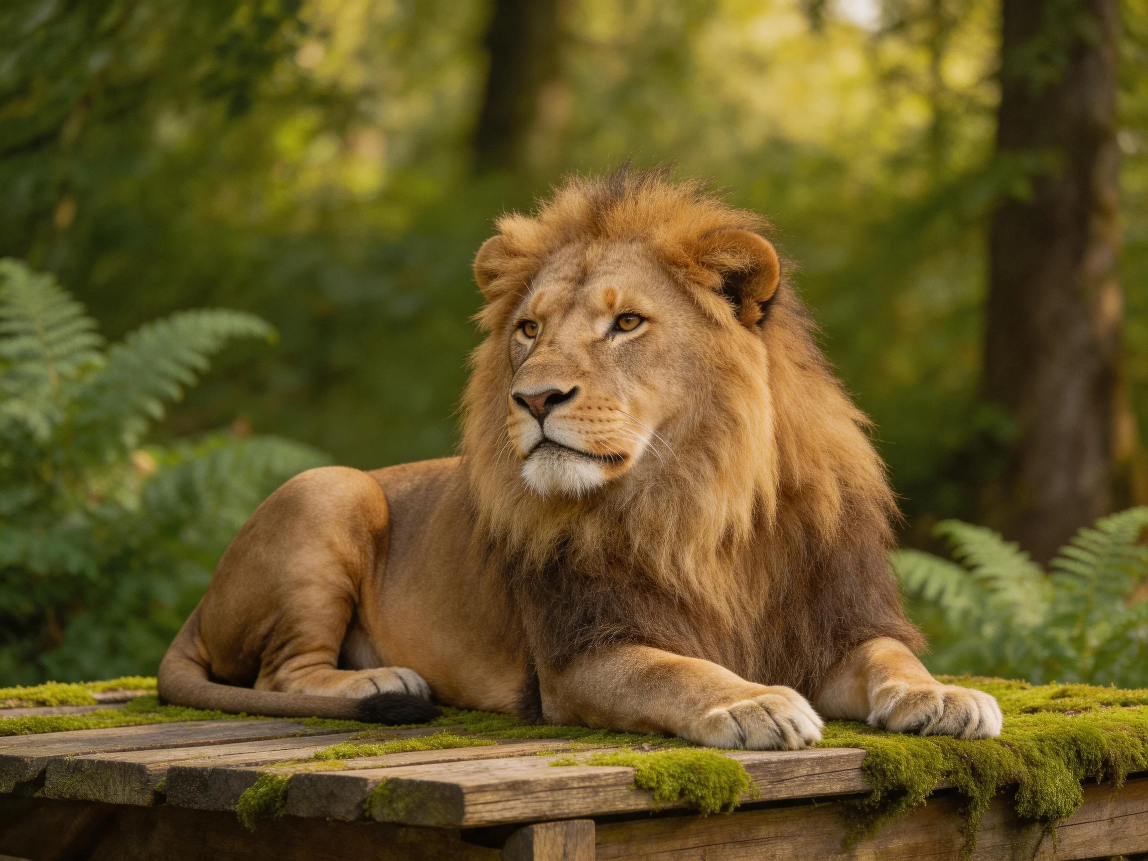 A brown lion relaxes on a mossy wooden structure amid dense greenery.