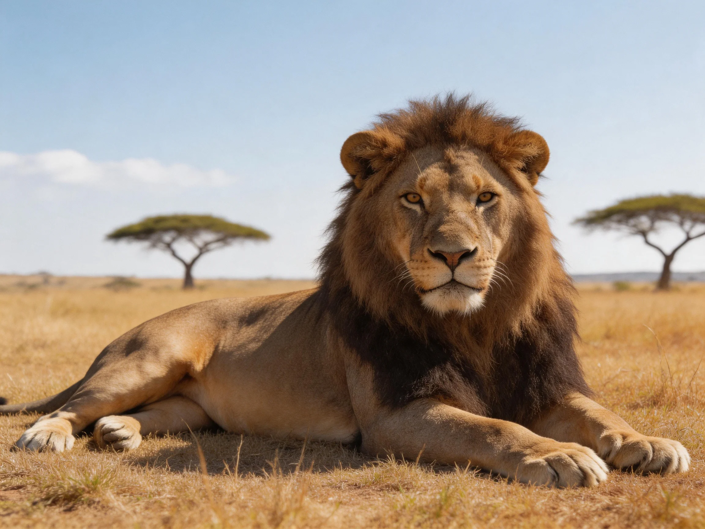 A lion rests on the savannah with acacia trees in the background.