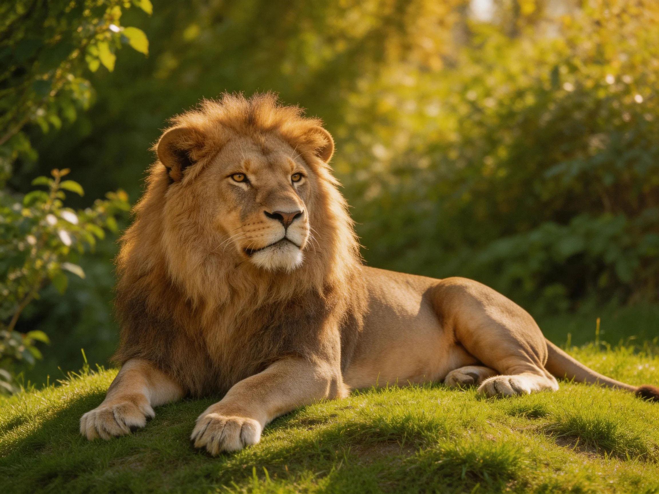 A brown lion relaxes on green grass in a sunlit, leafy environment.