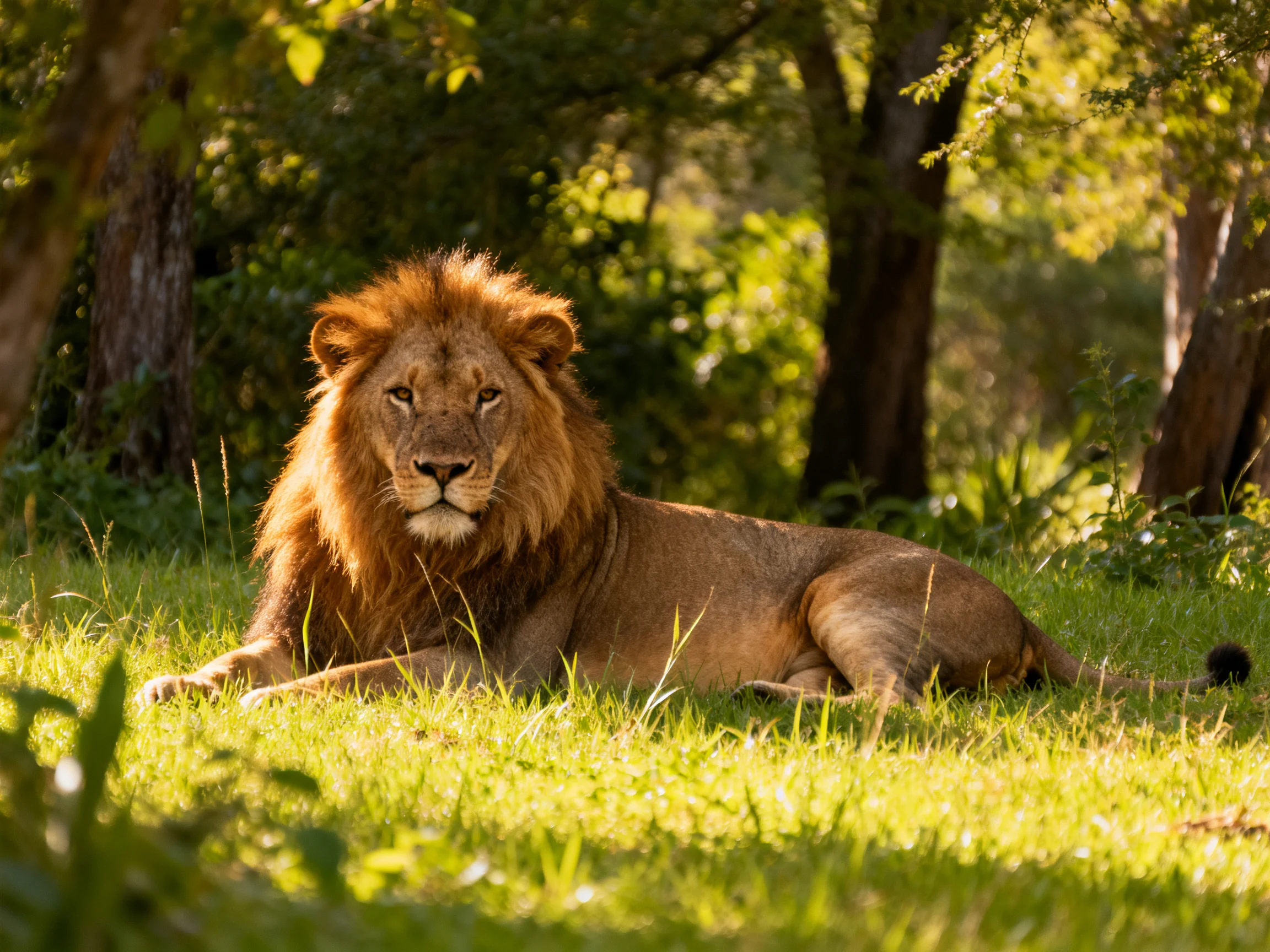 A lion rests on grass among trees in a sunlit environment.
