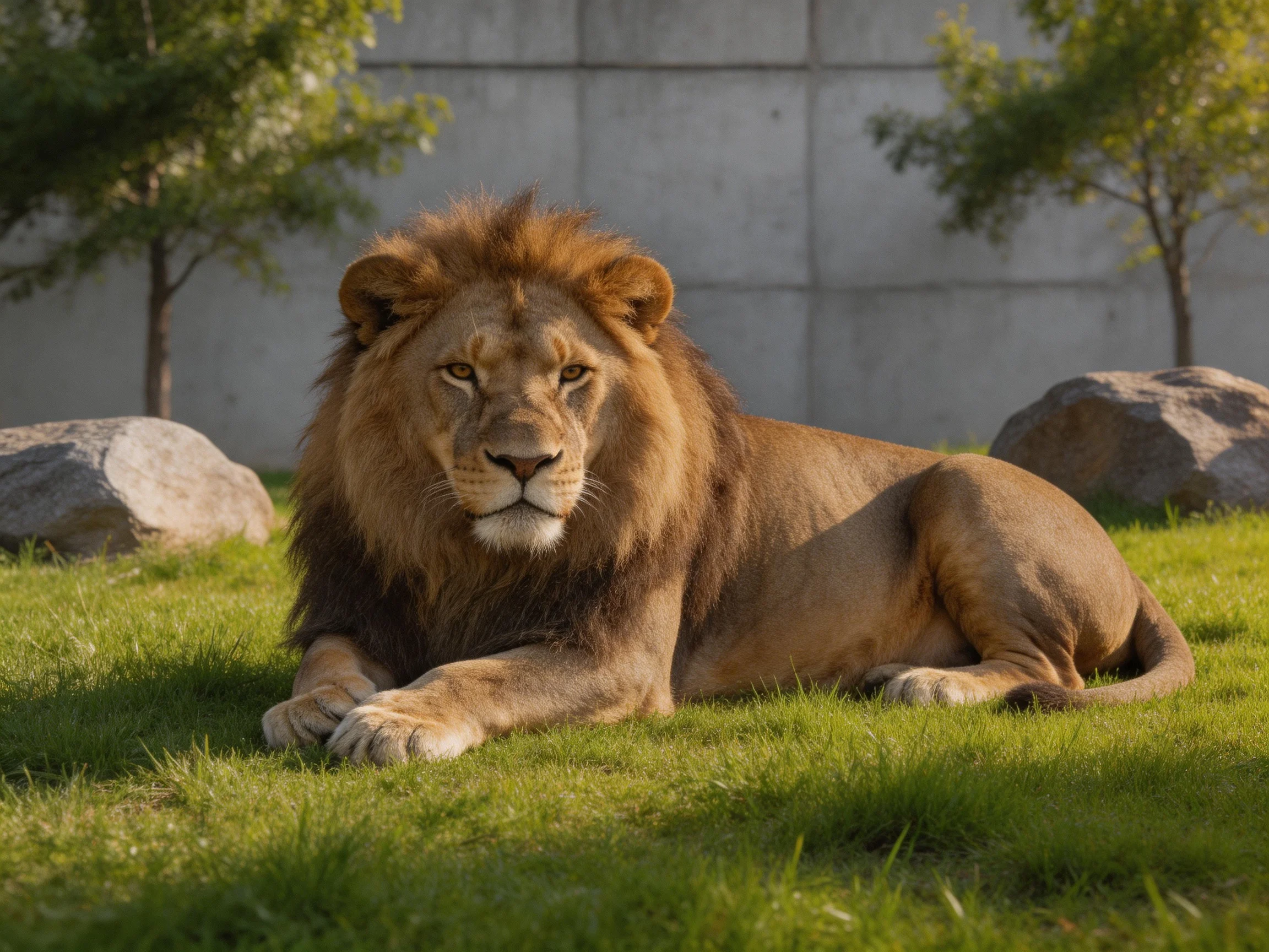 A brown lion lies calmly on green grass in an outdoor enclosure.