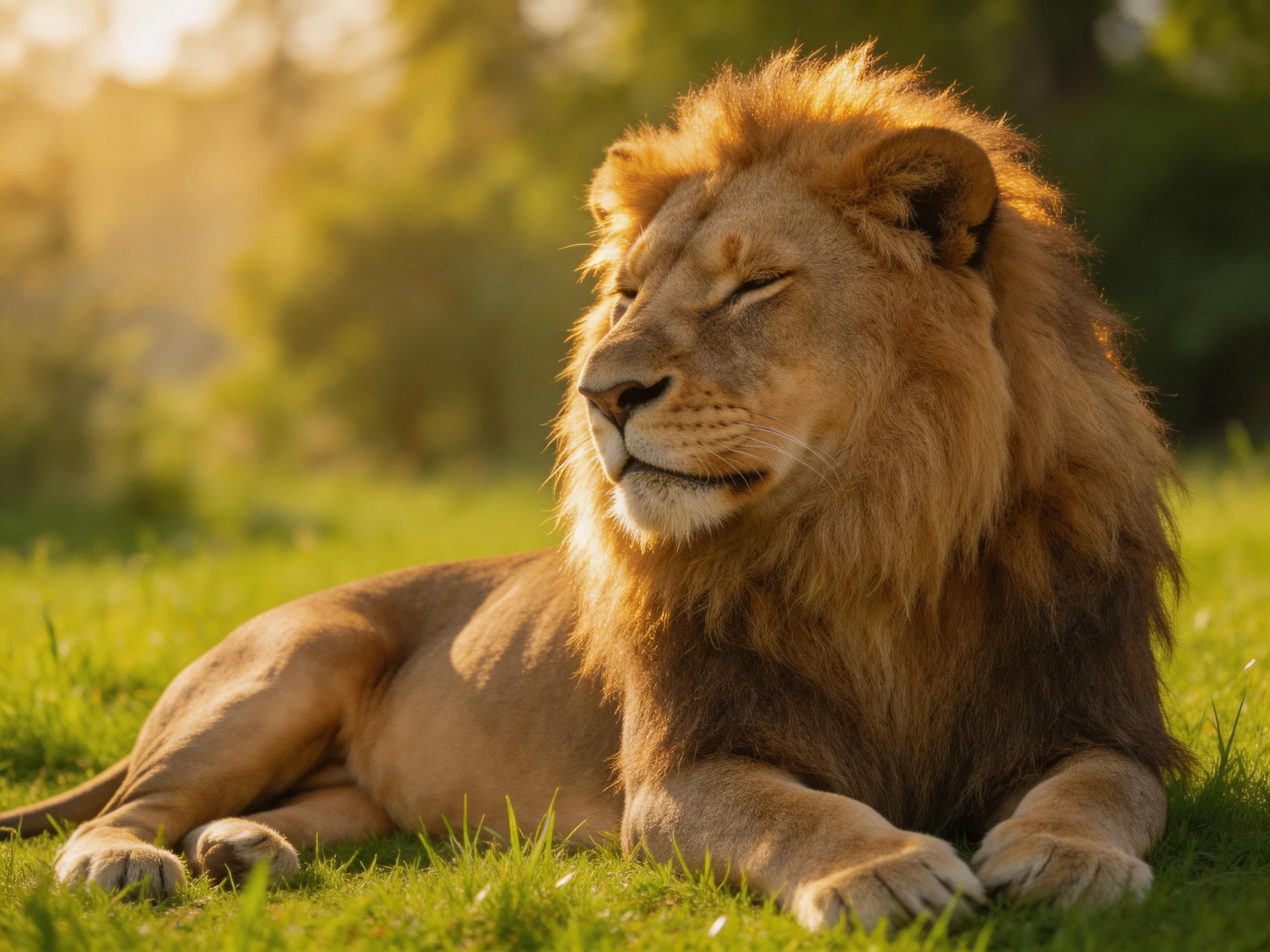 A brown lion lies peacefully on green grass bathed in warm sunlight.