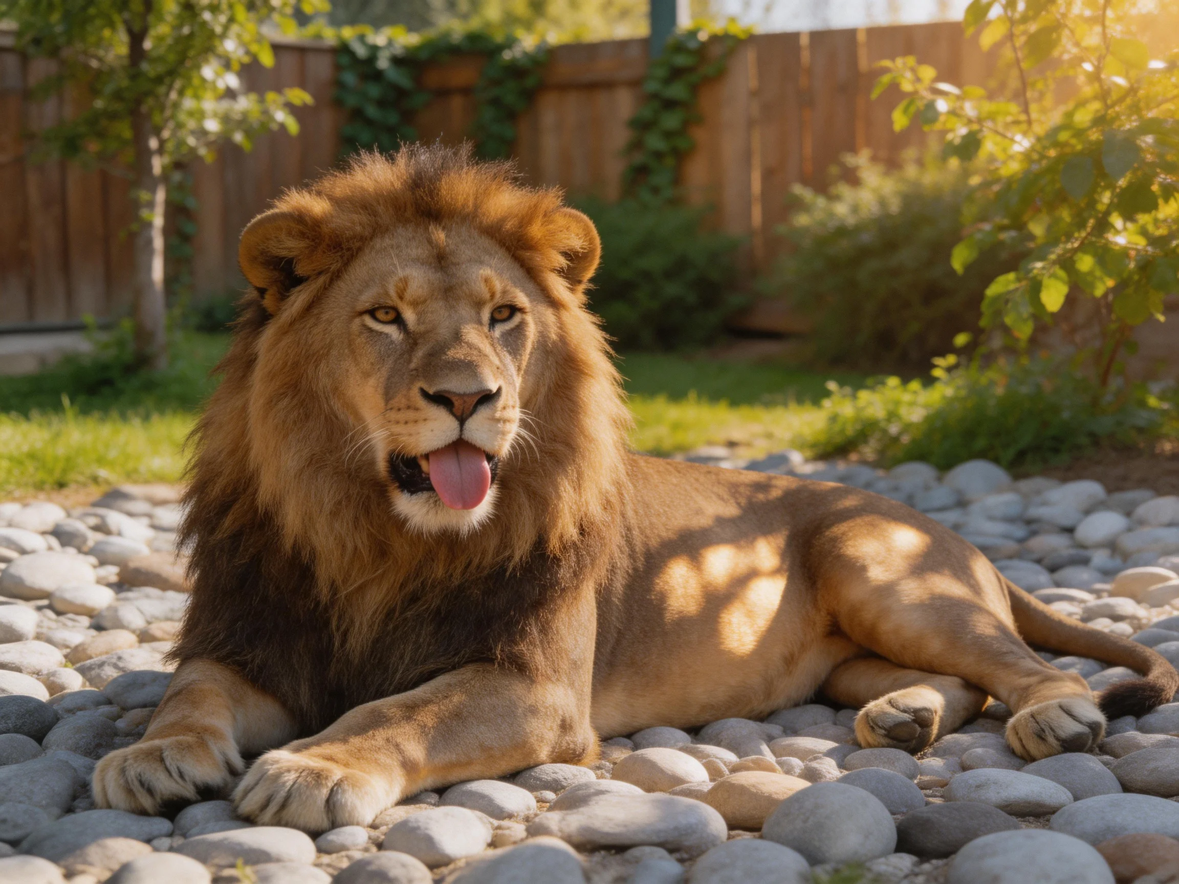 A lion relaxes on pebbles in a sunlit outdoor space.