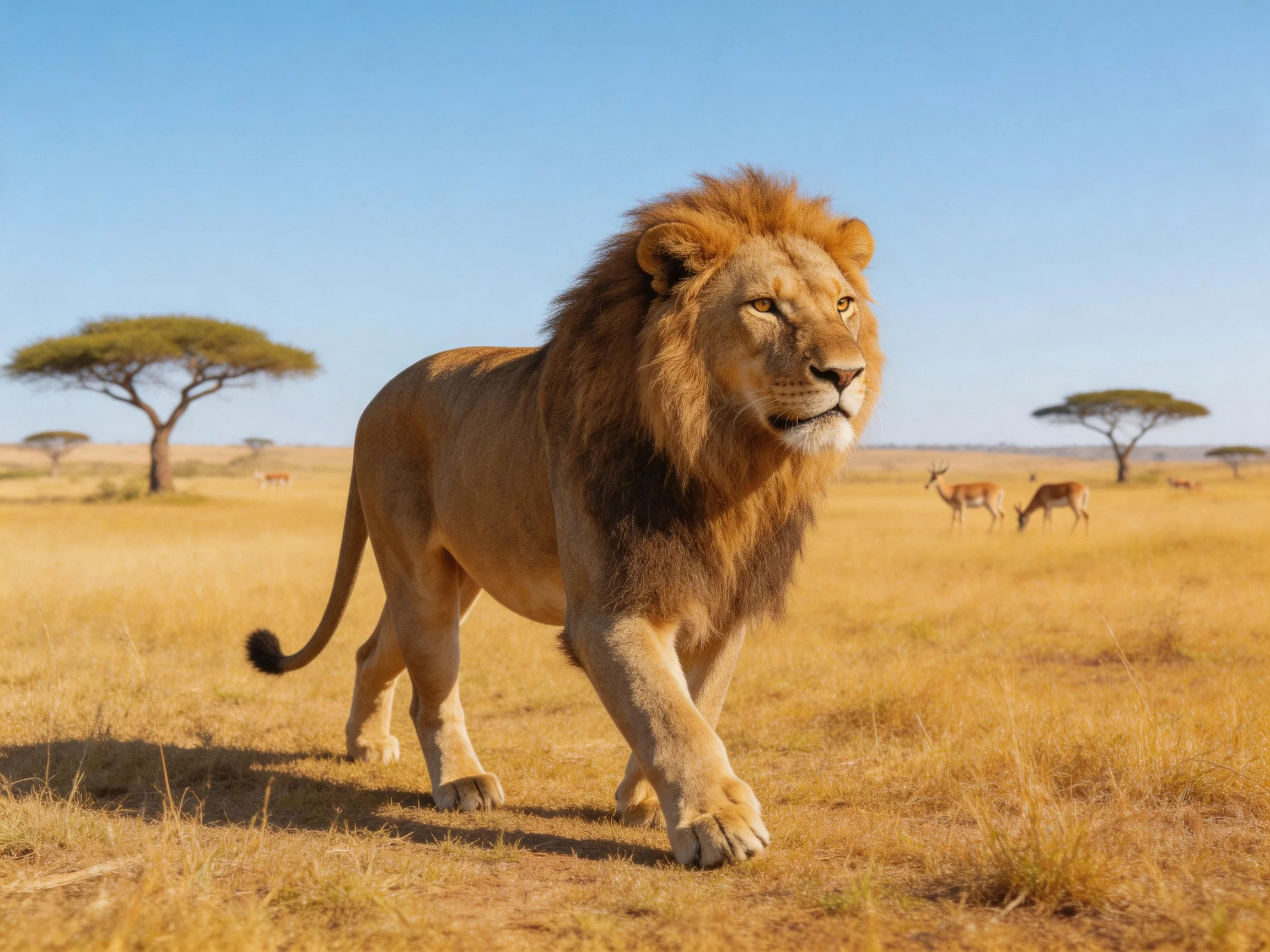 A lion walks through a sunlit savannah with grazing antelopes and distant acacia trees.