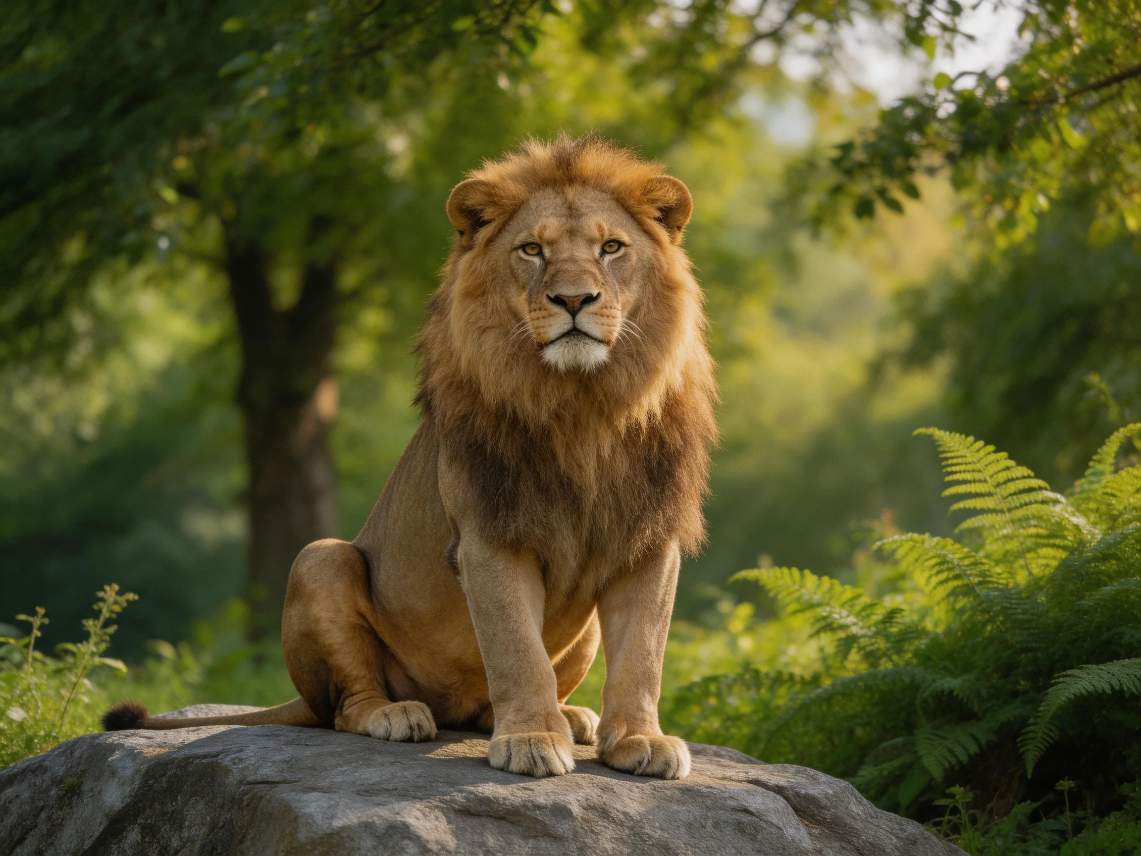 A brown lion sits on a gray rock surrounded by lush greenery.