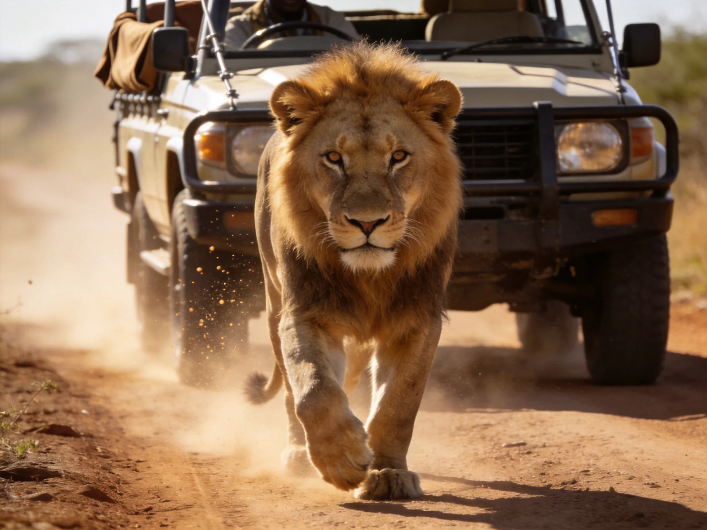A lion approaches a safari jeep on a dusty road under bright sunlight.