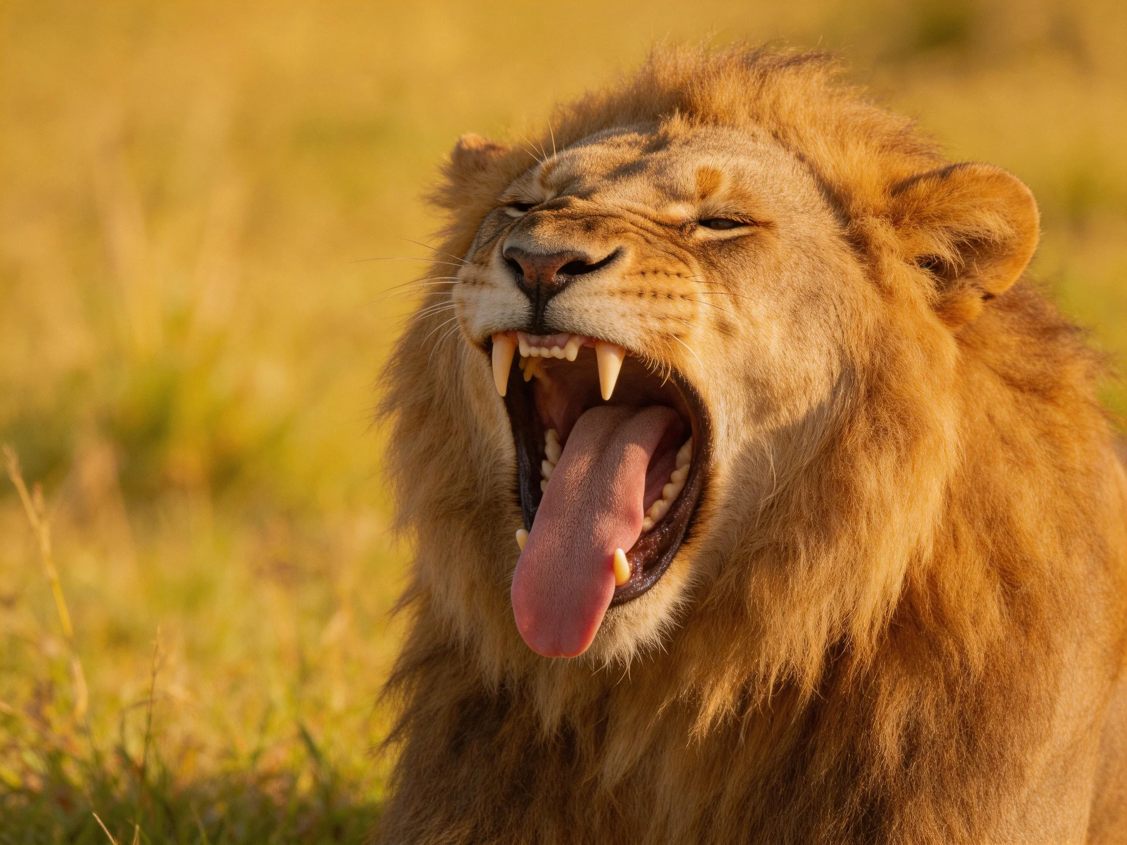 A lion yawns widely with eyes closed in a sunlit grassy landscape.