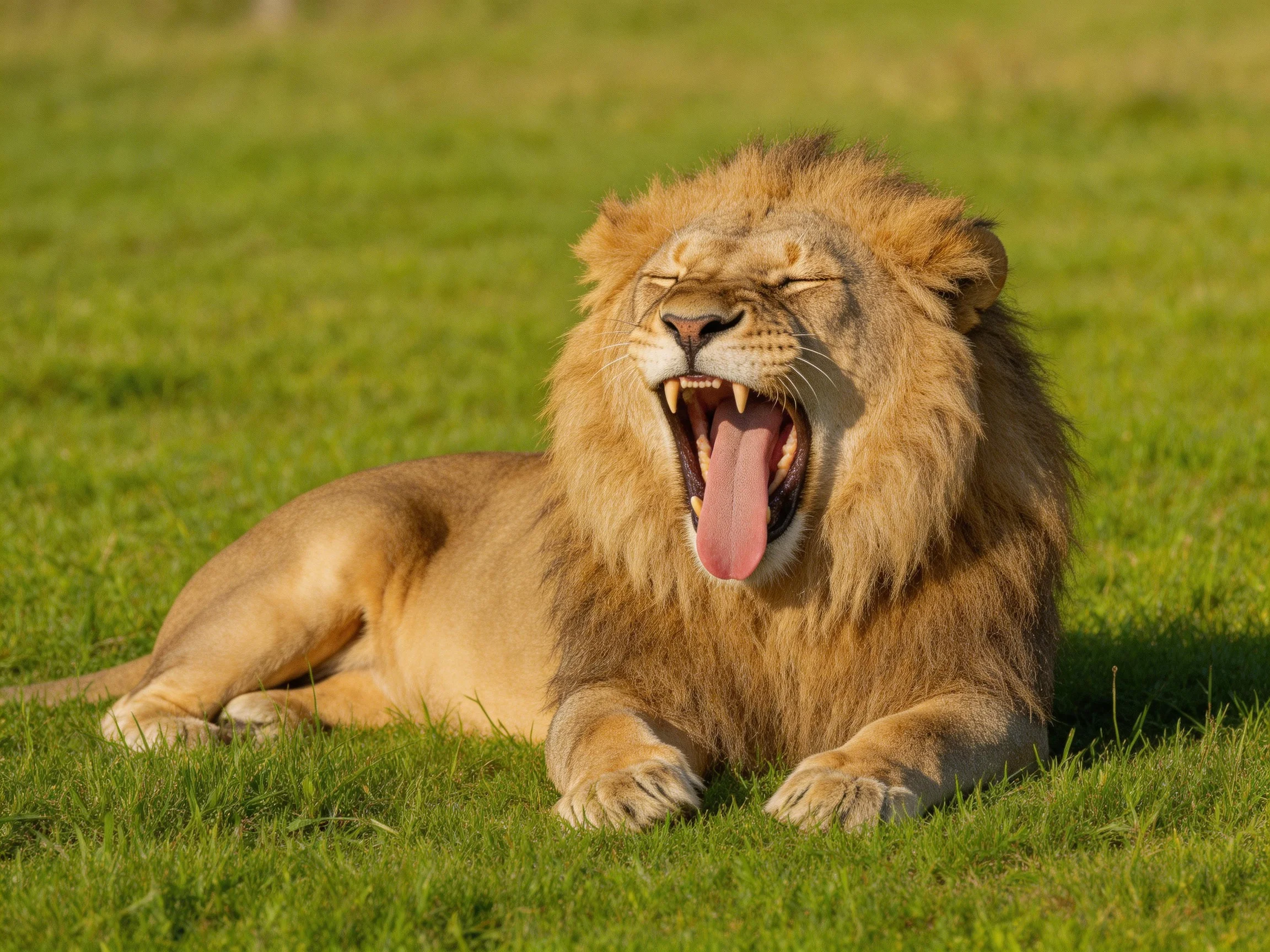 A lion yawns while resting on grass.