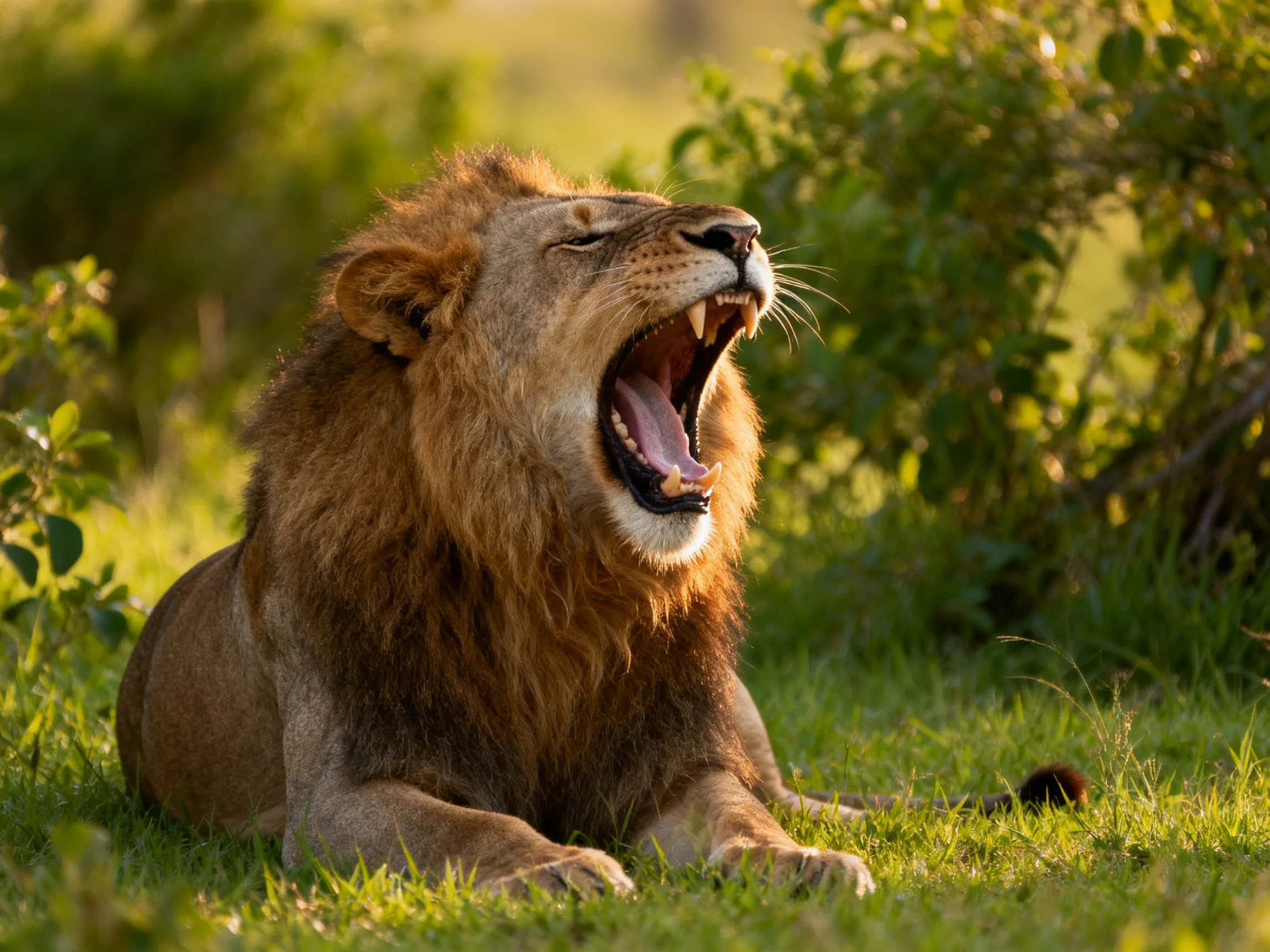 A majestic brown lion yawns amidst lush green vegetation