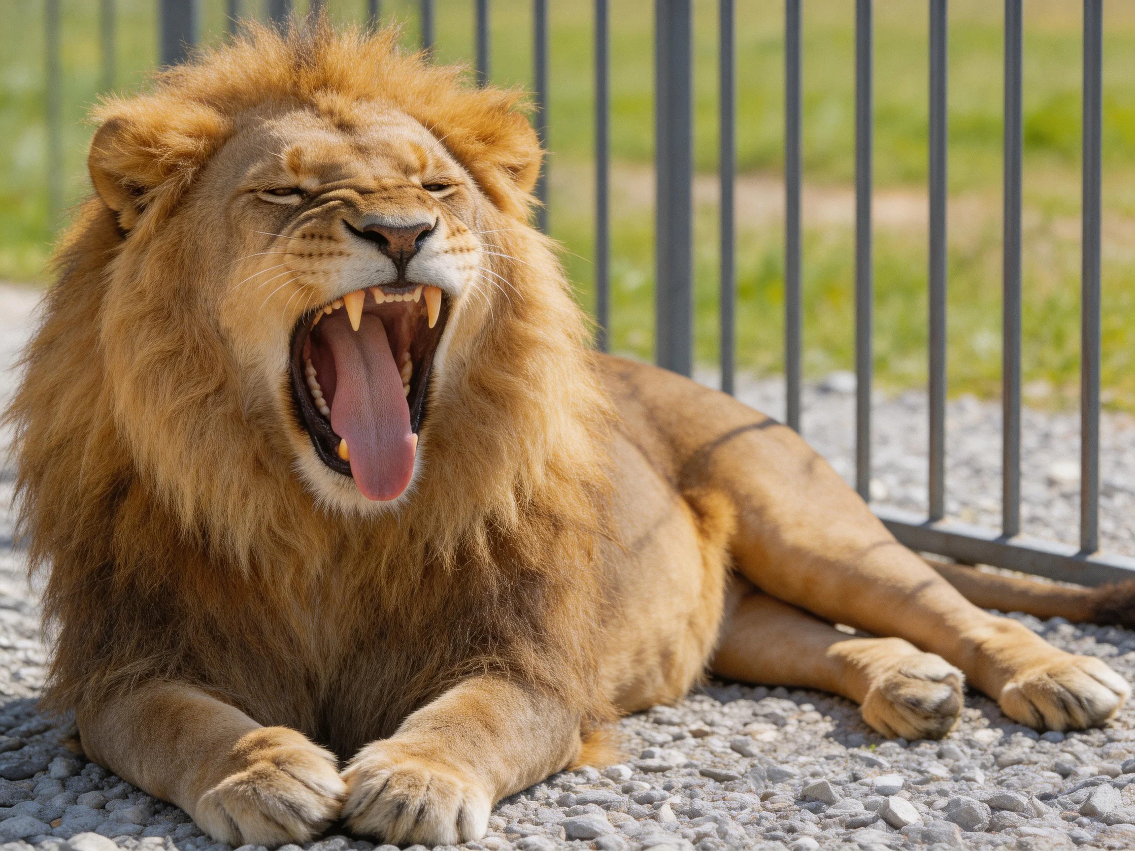 A brown lion yawns while lying on gravel near metal bars.