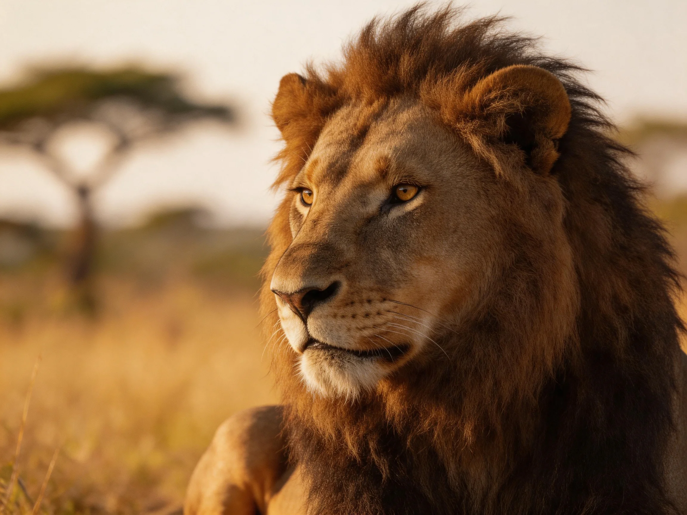 A majestic brown-maned lion rests in golden savannah grass
