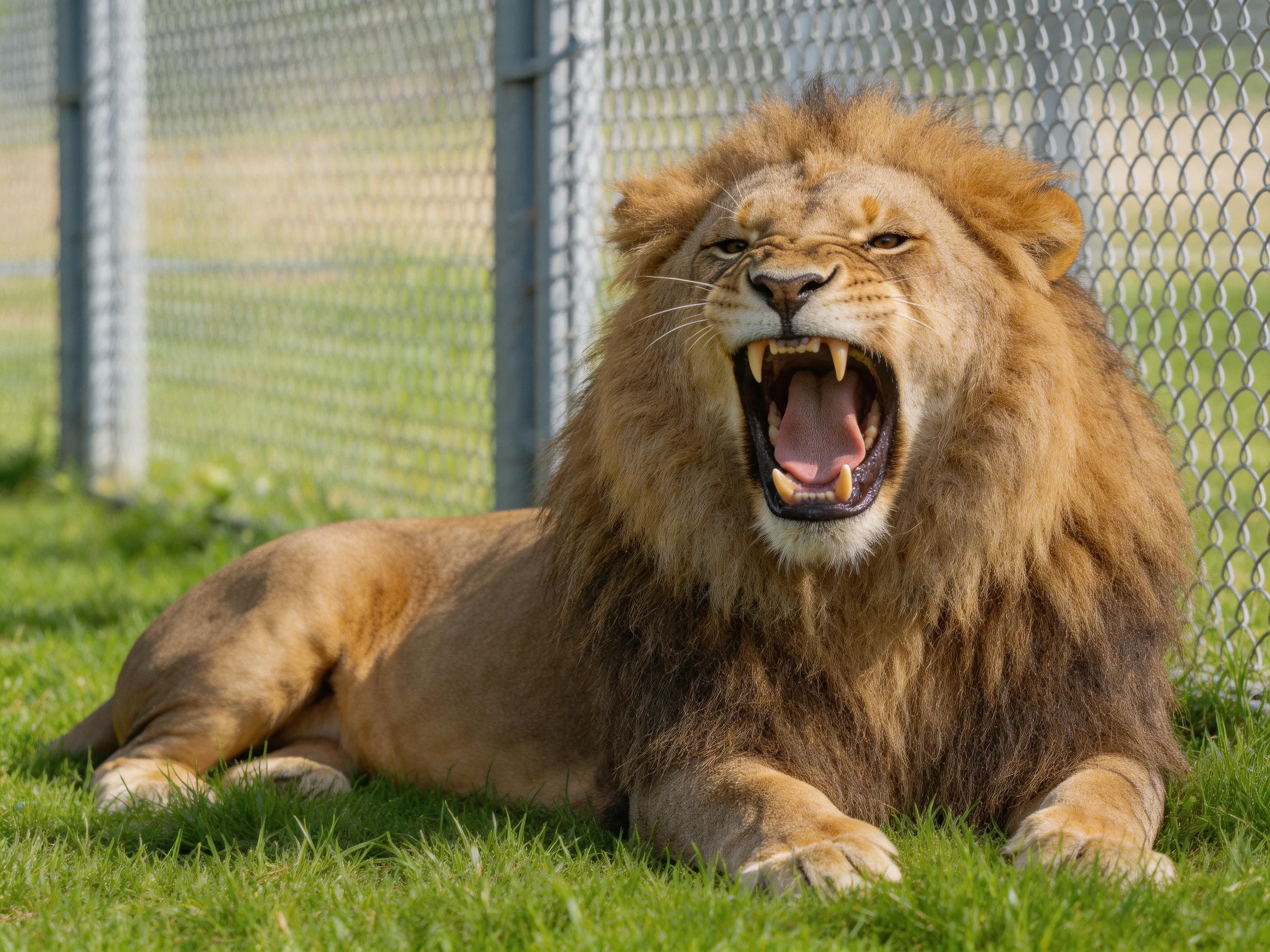 A brown-maned lion roars while resting on grass near a chain-link fence.