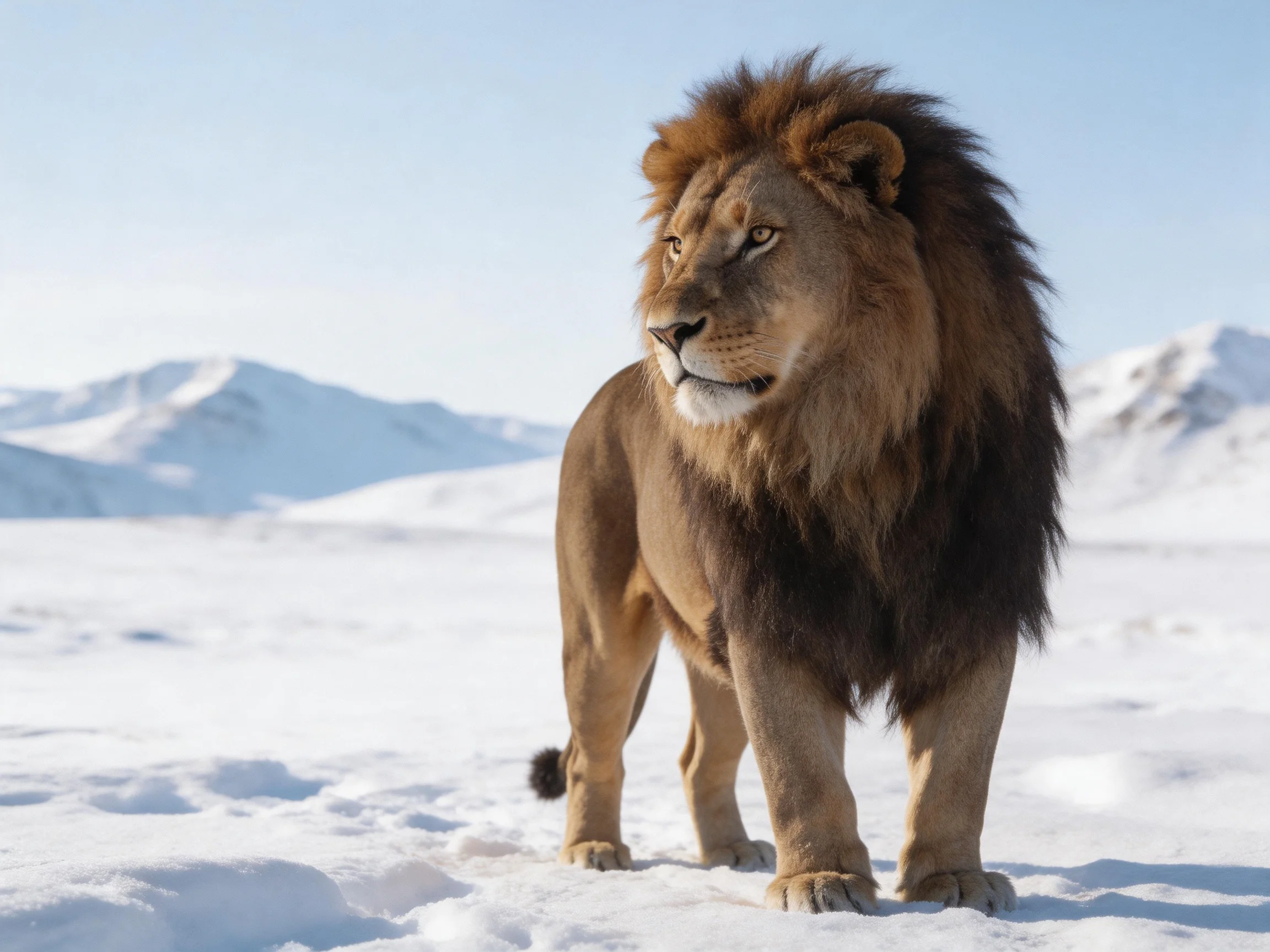 A lion stands alone in a snowy, mountainous environment.