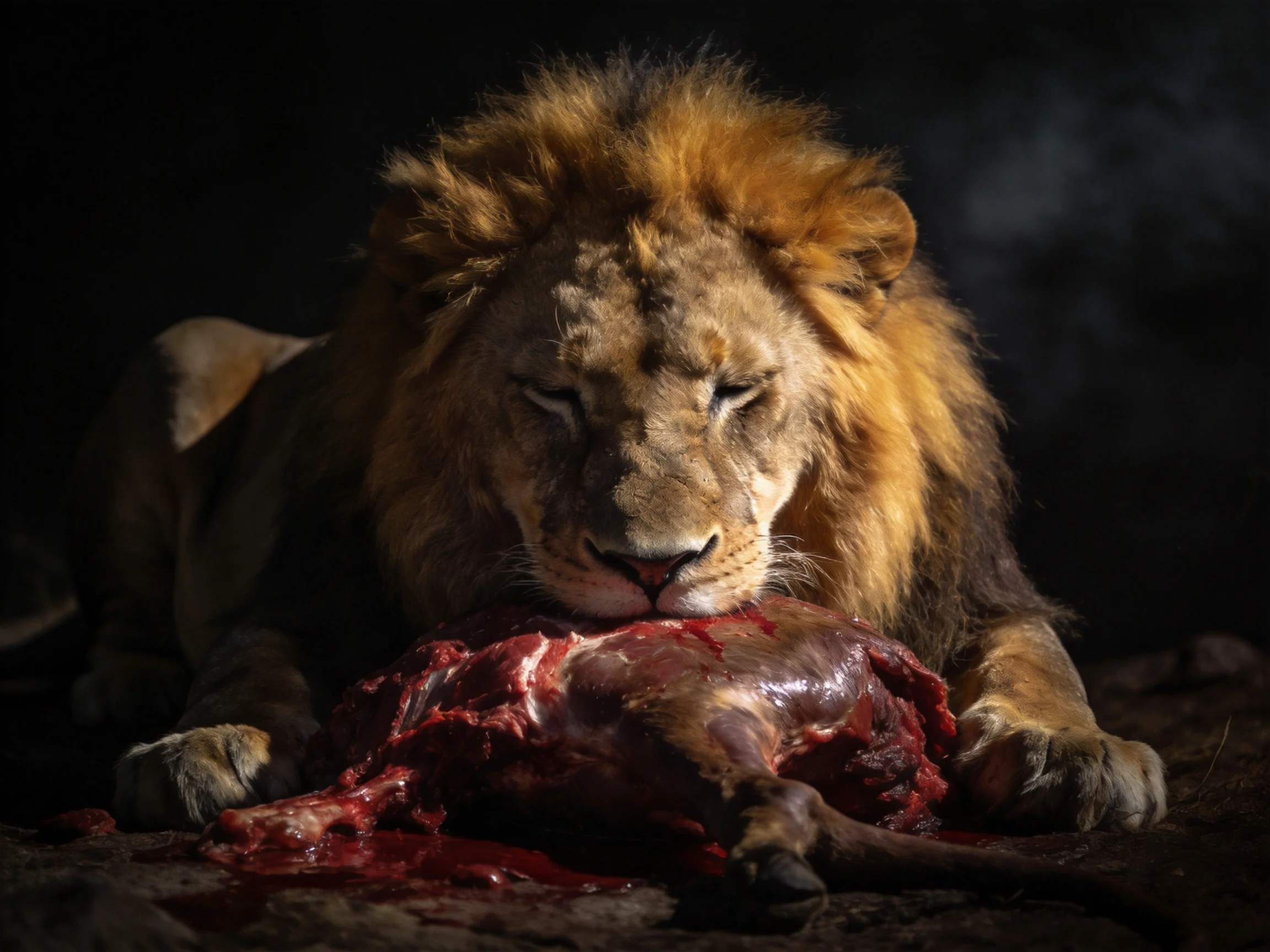 A lion feeds on a large, bloodied animalin a dimly lit environment.