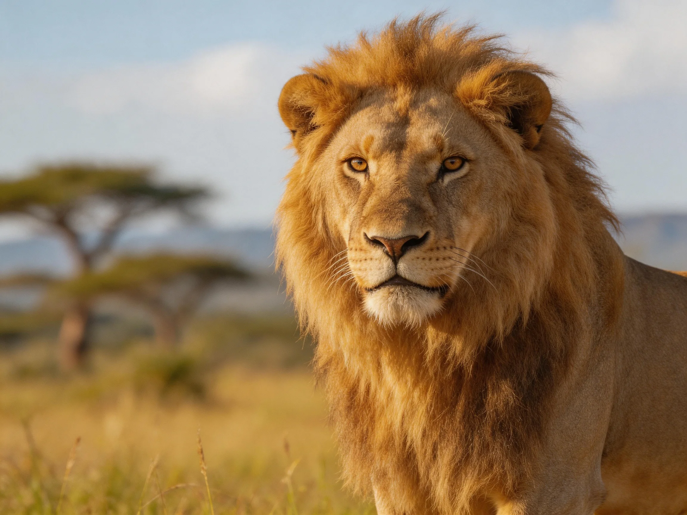 A majestic golden lion in a sun-drenched savannah landscape