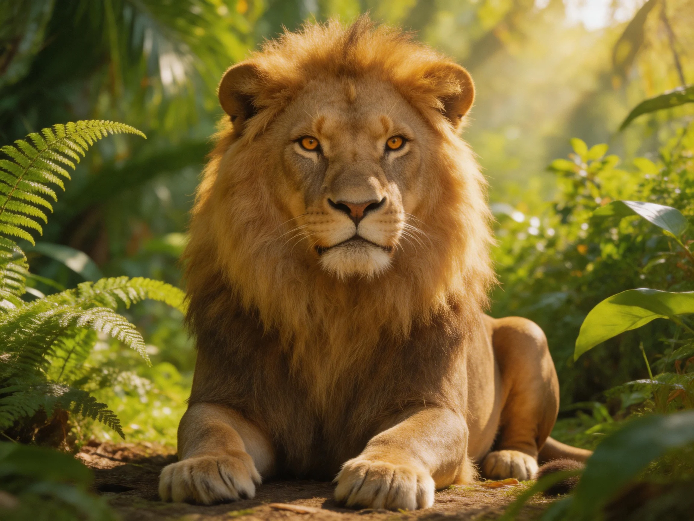 A golden lion sits calmly among dense greenery