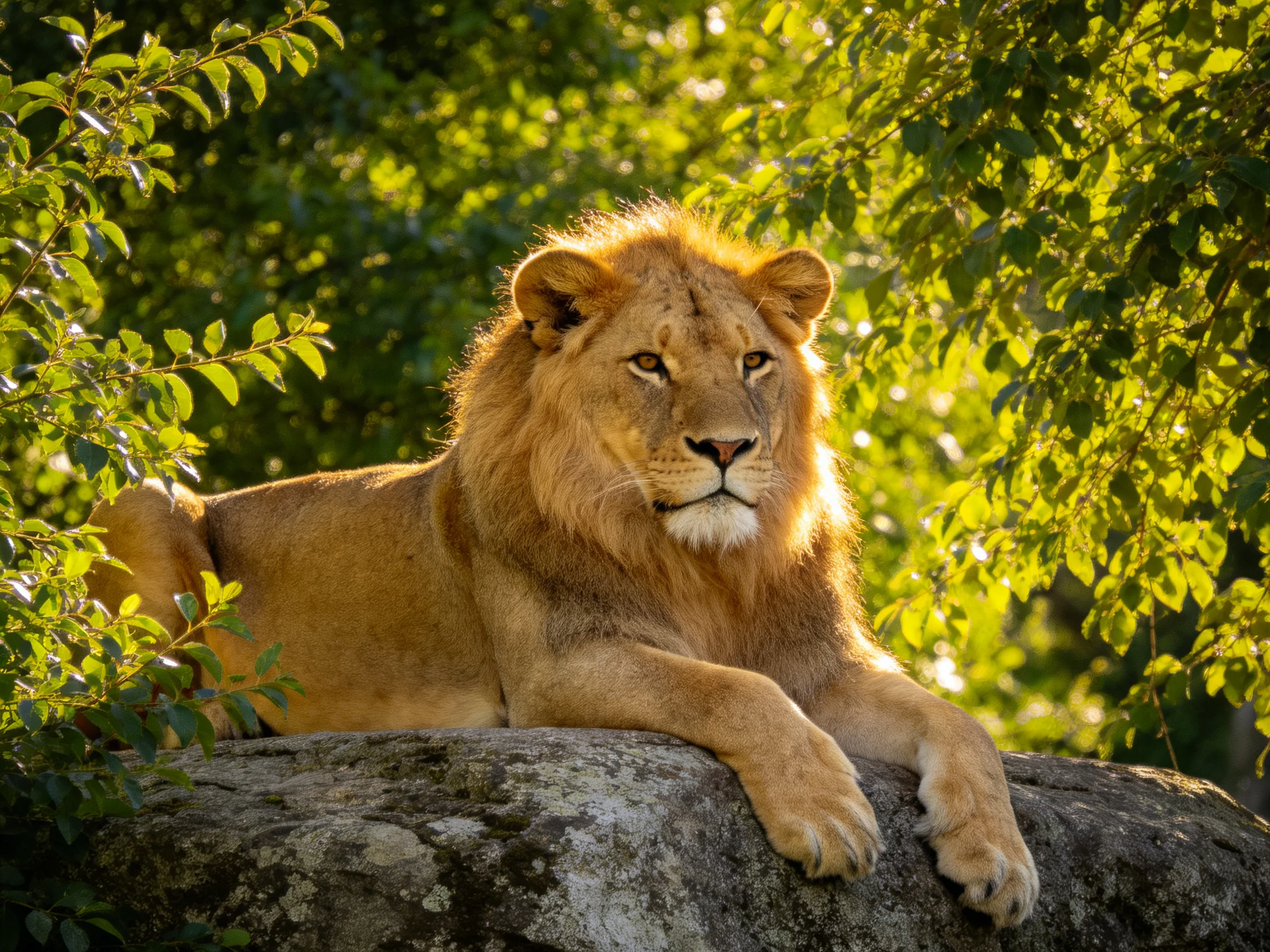 Golden lion rests on a rock surrounded by greenery.