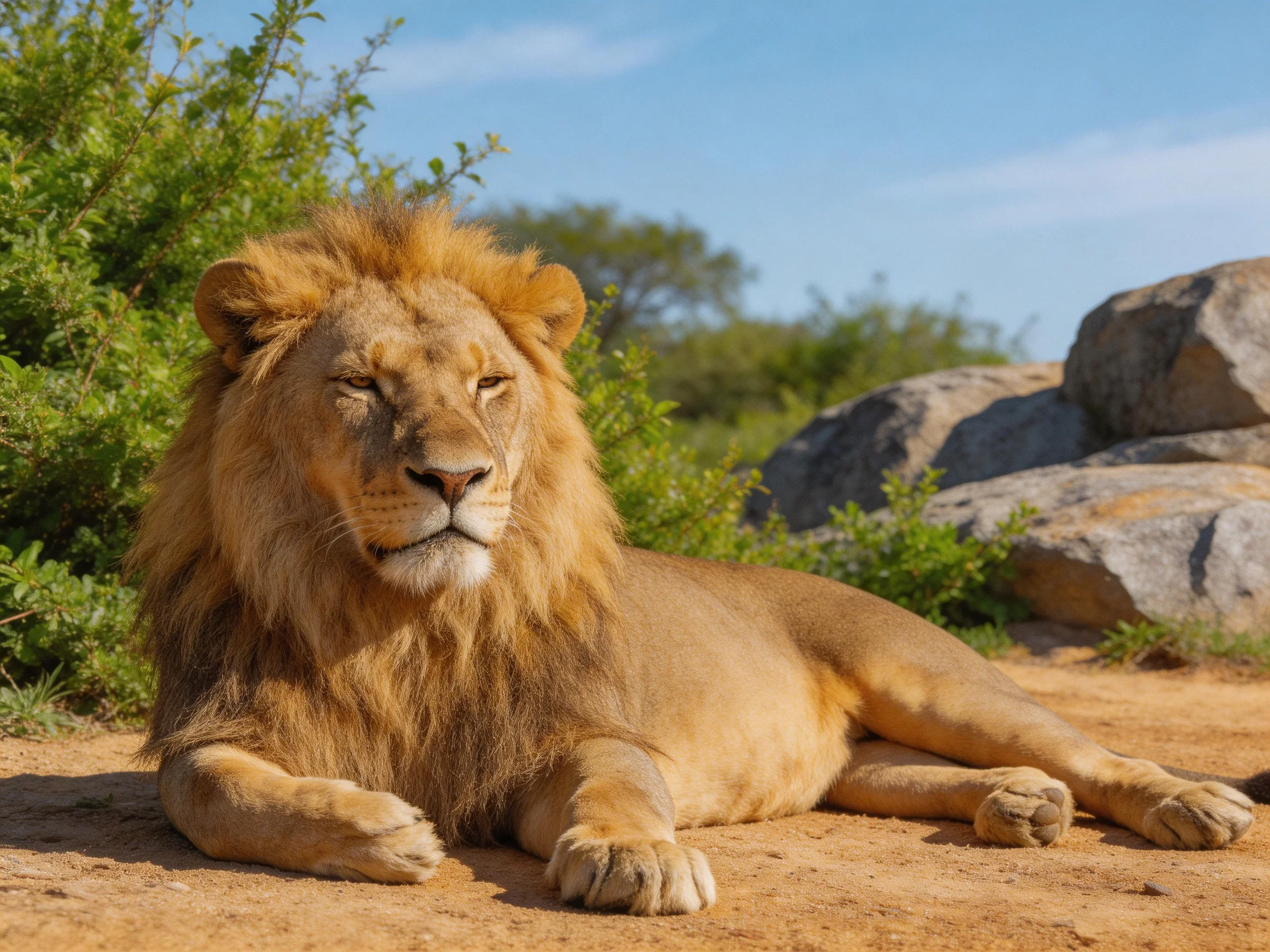 A golden lion rests near rocks and greenery in a sunlit natural setting.