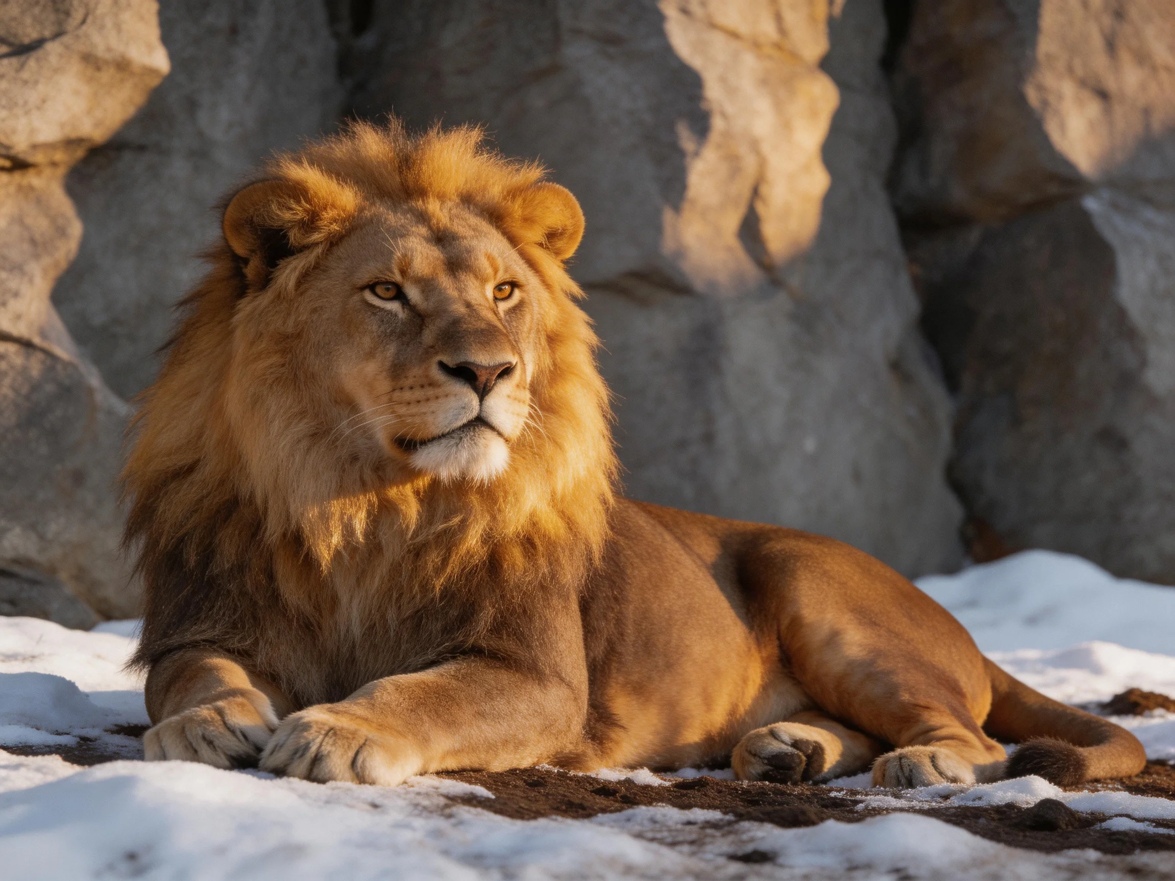 A male lion lies calmly among patches of snow and rocky formations.
