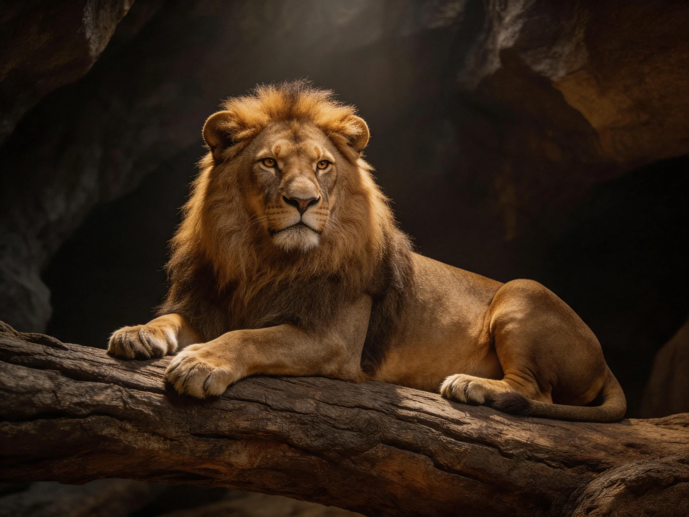 A majestic golden lion rests on a gnarled brown log in a shadowy cave