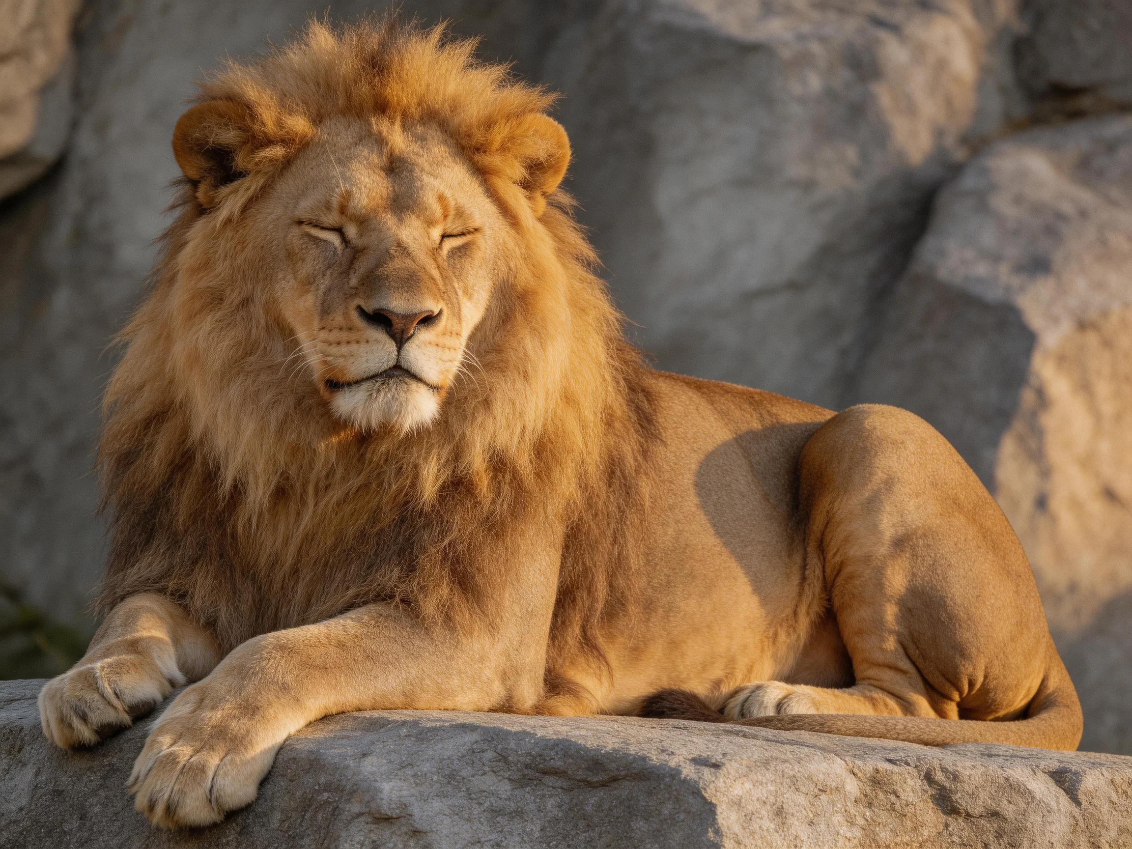 A majestic golden lion rests on large gray rocks in warm sunlight
