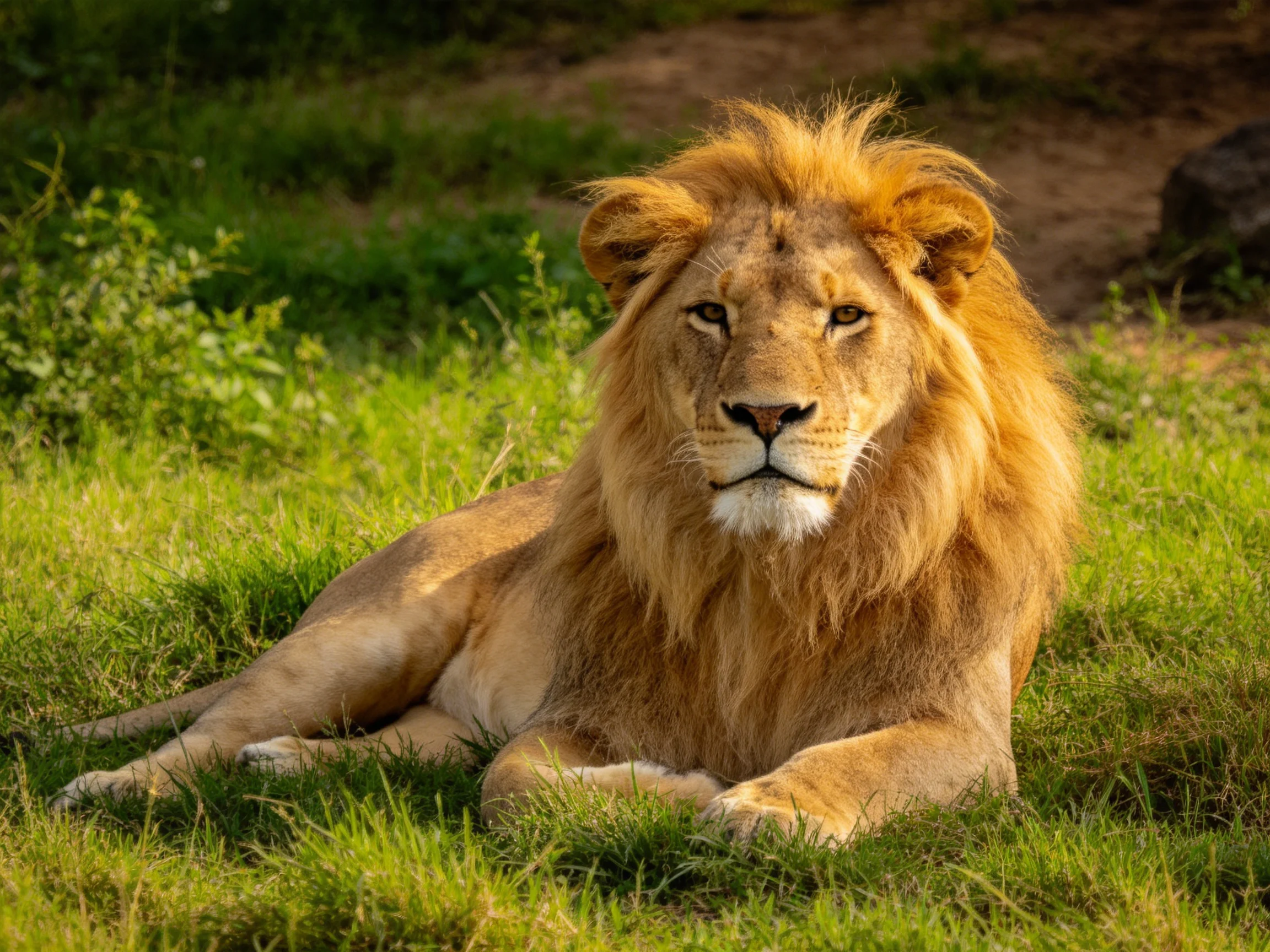 A majestic lion rests peacefully on green grass.