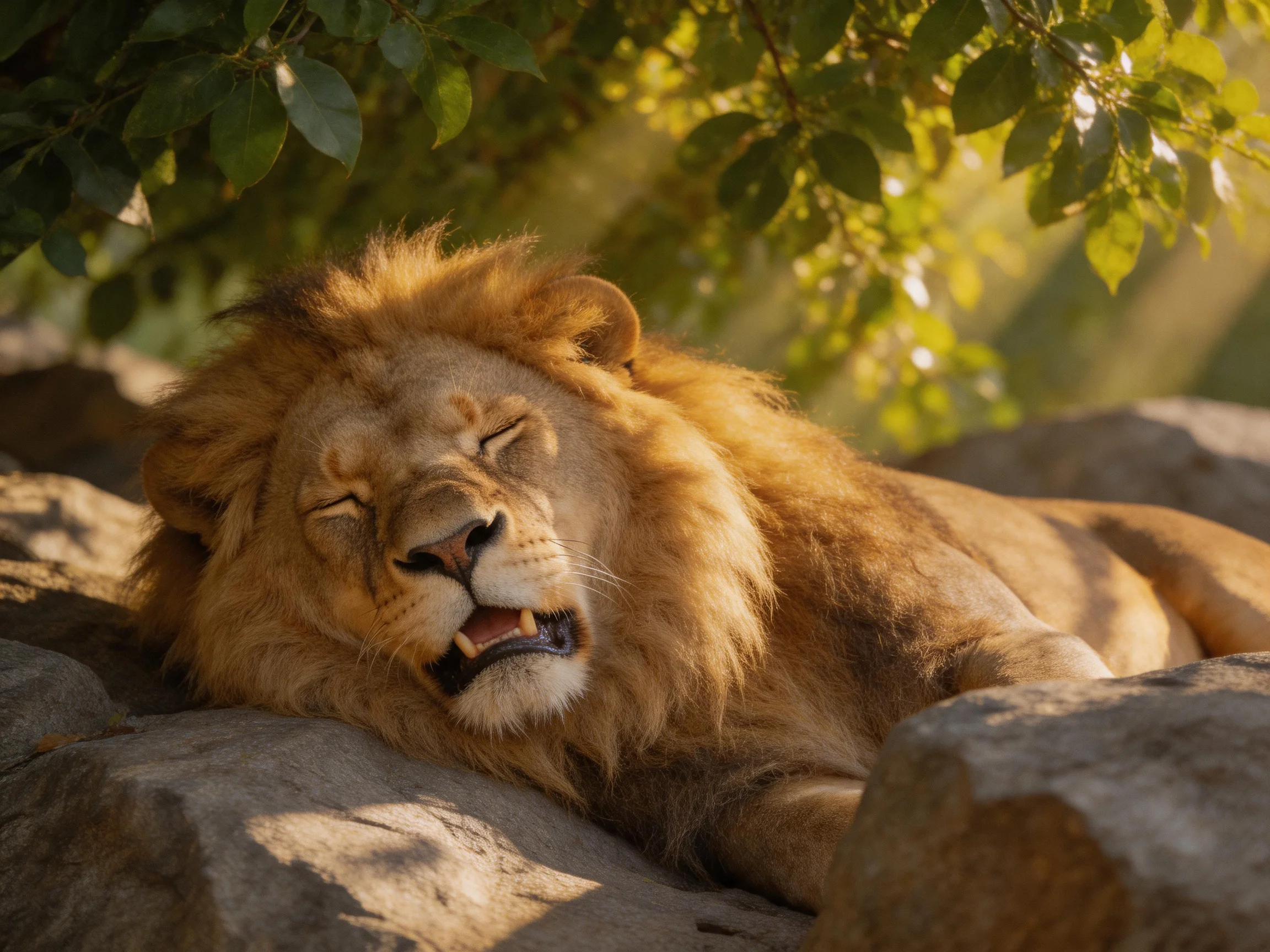 A lion sleeps peacefully on rocks beneath trees
