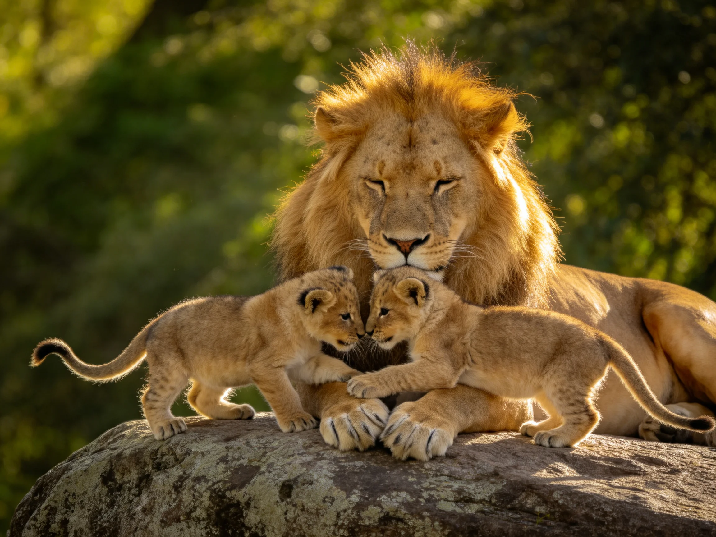 An adult lion sits on a rock with two cubs in a sunlit natural setting.