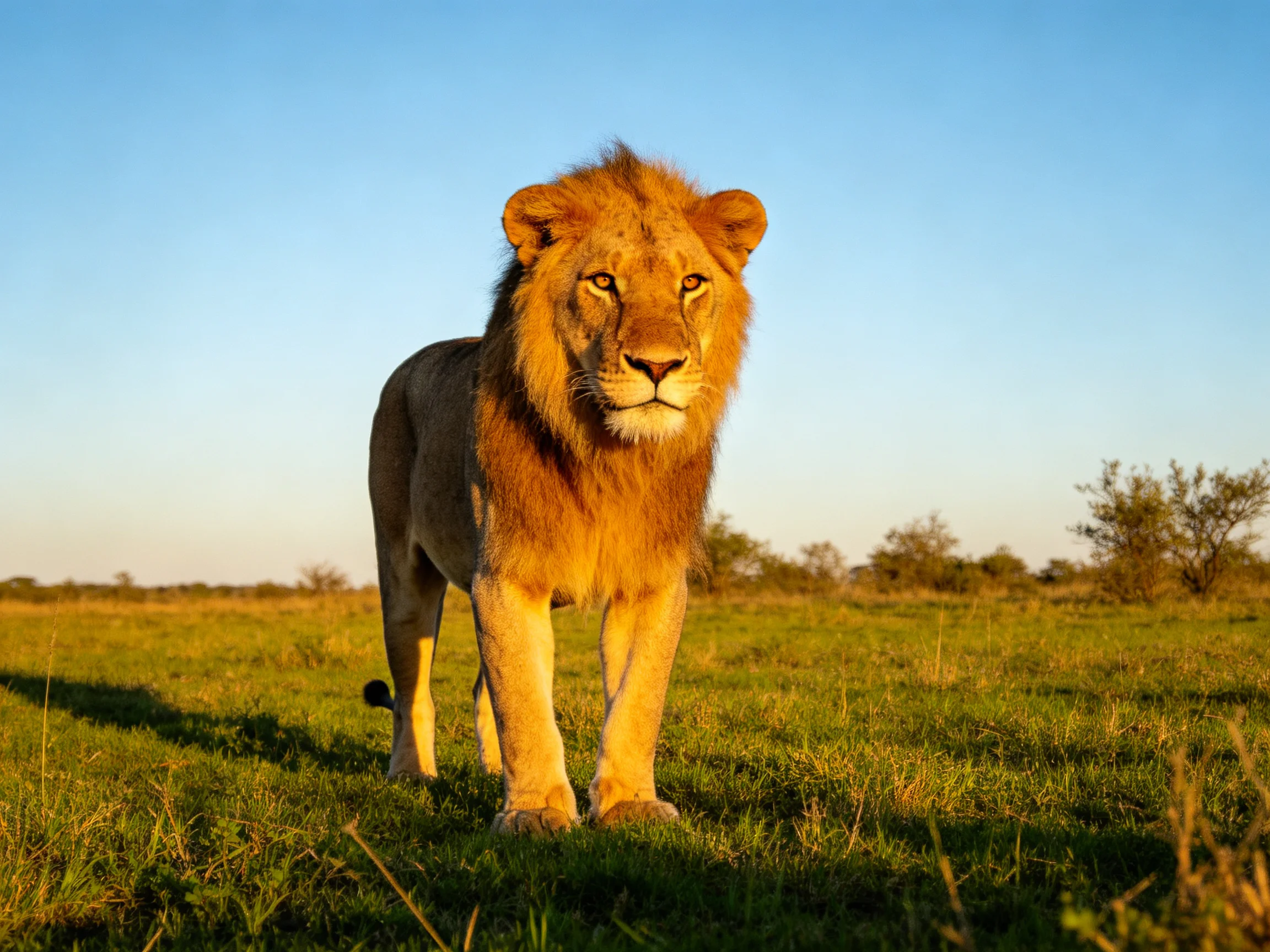A lion roams a sunlit savannah landscape.