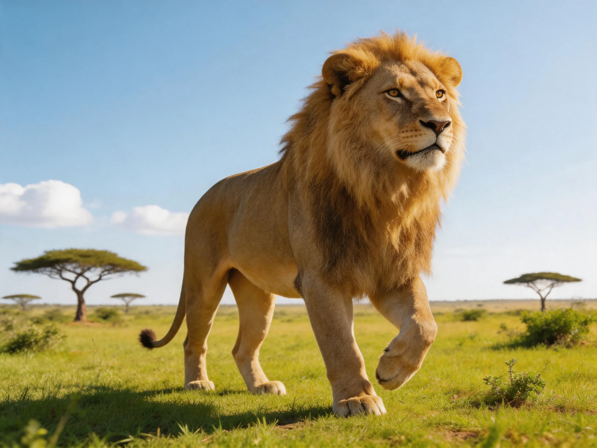 A golden lion walks through a sunlit savannah with scattered trees.