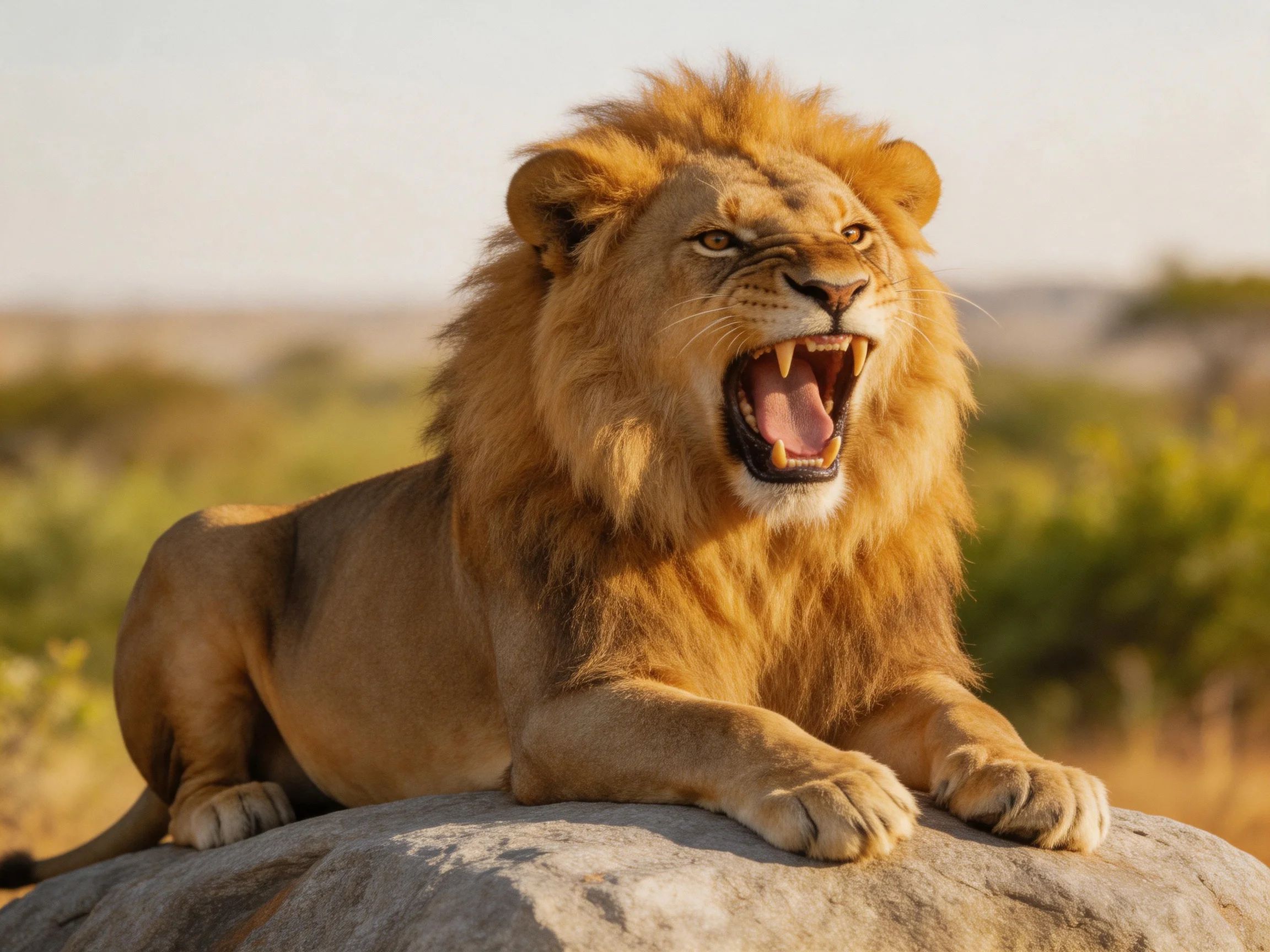 A golden lion roars while restingon a rock in a savannah setting.