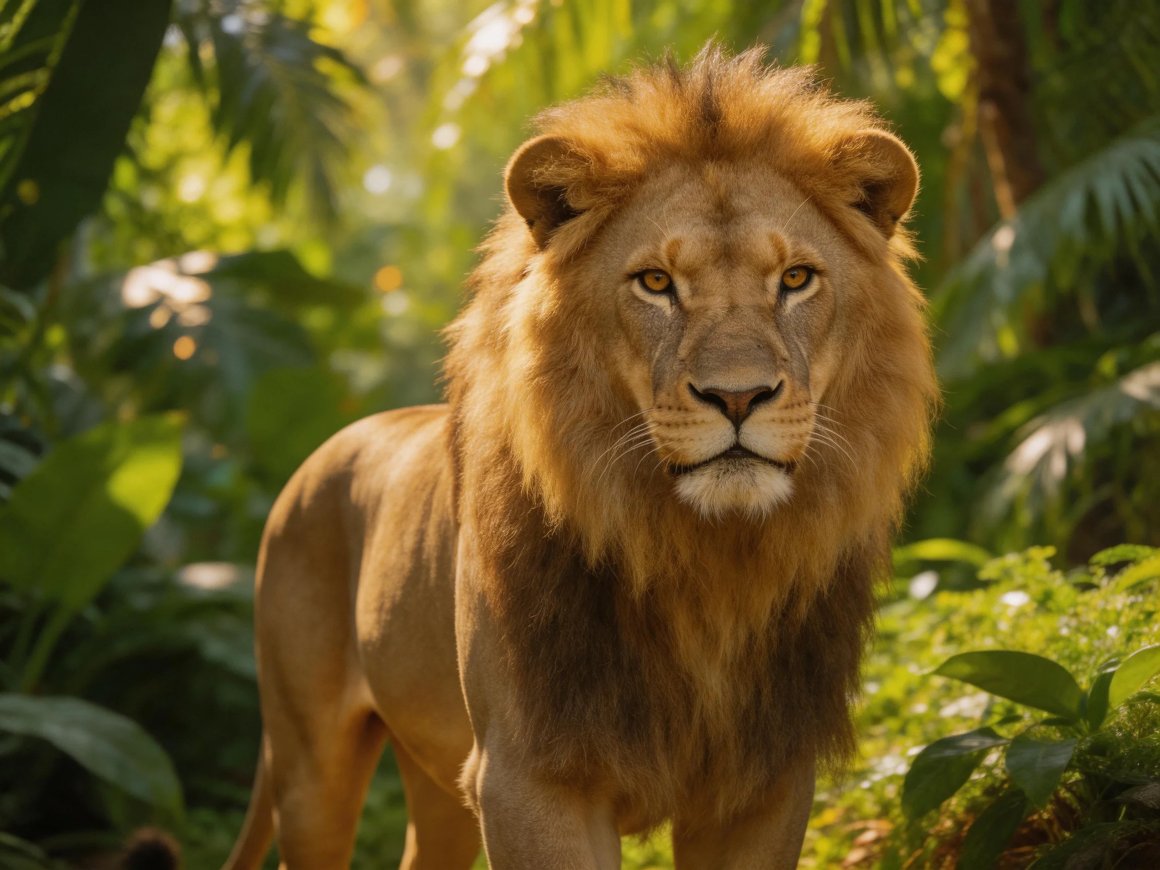 A golden lion stands among lush greenery in bright daylight.