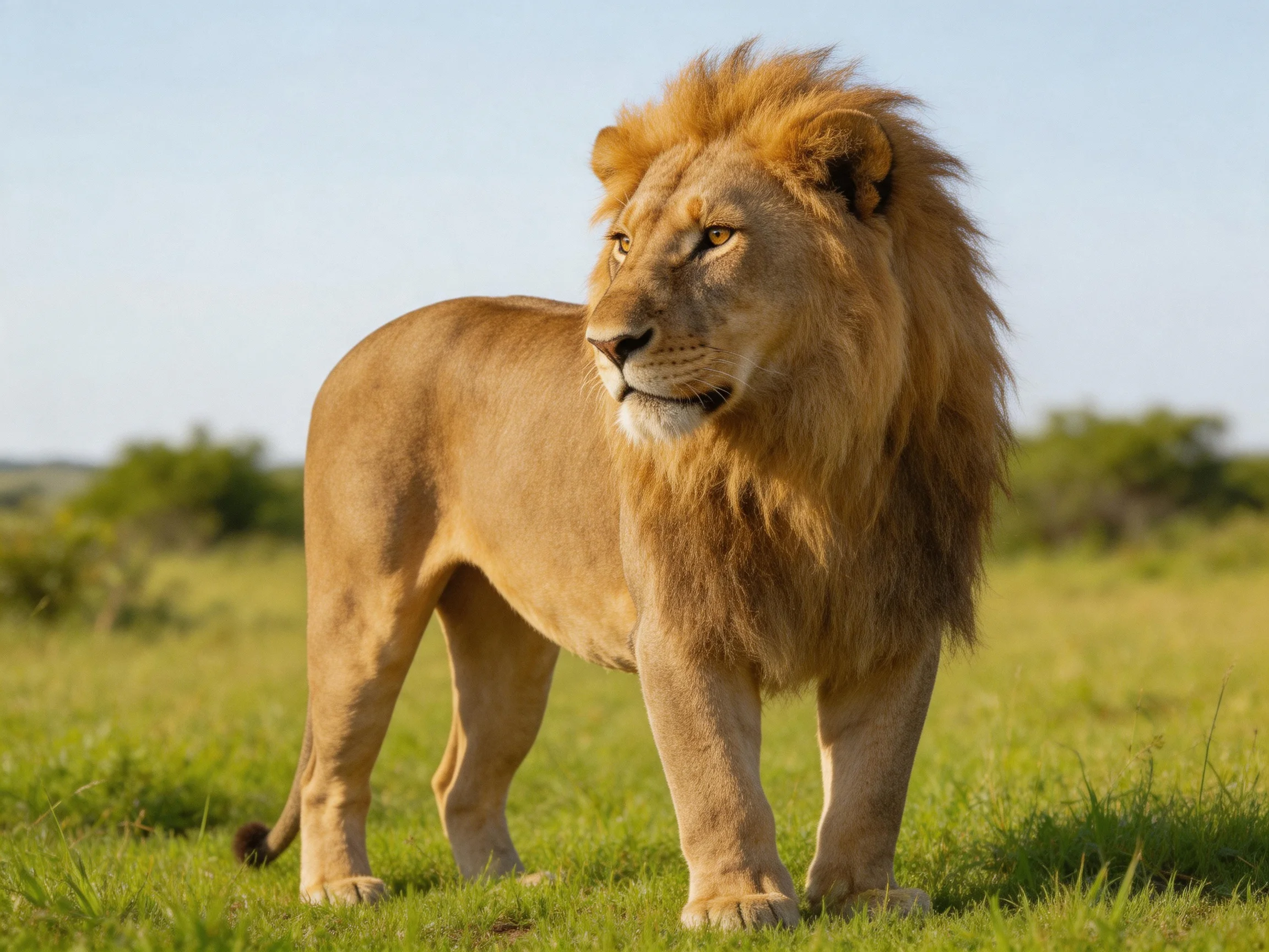 A golden lion stands alert in sunlit savannah grassland.