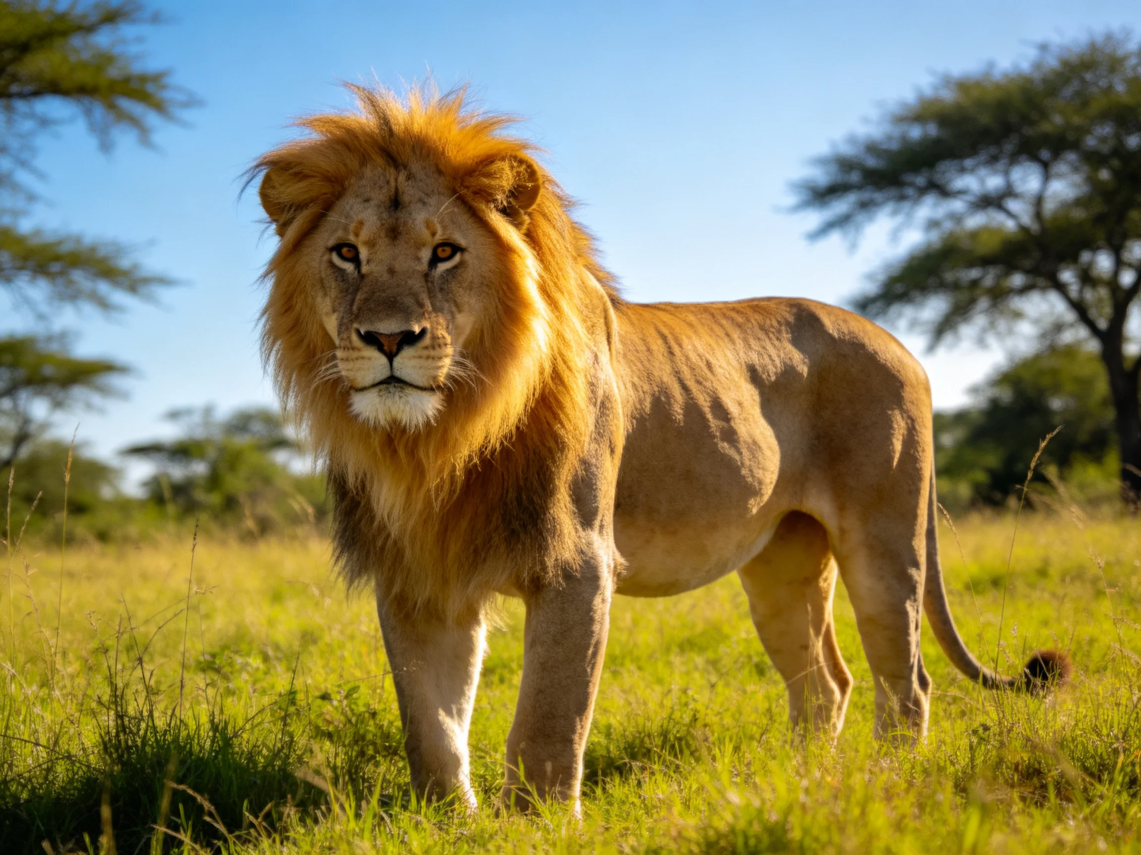 A majestic lion stands alert in a sunlit savannah.