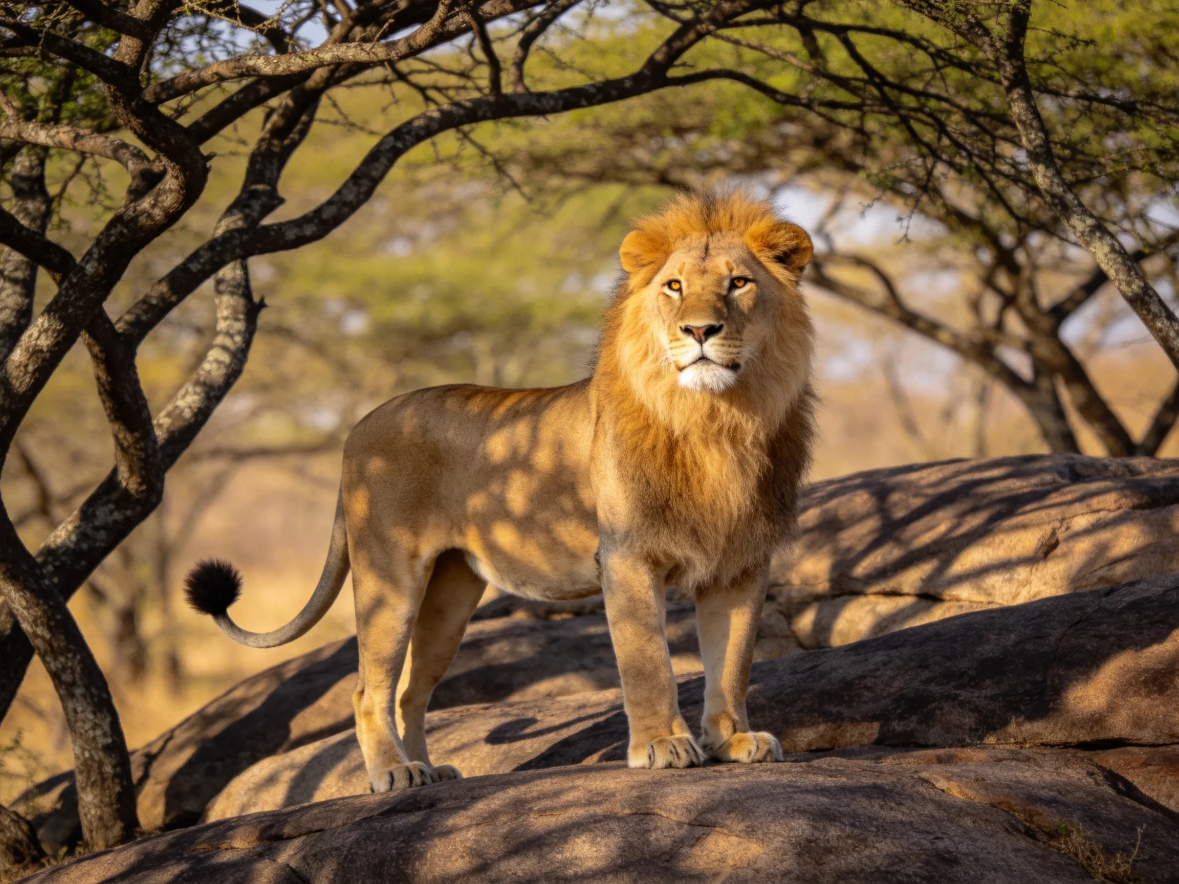 A golden lion stands on rocks among acacia trees in a savannah.