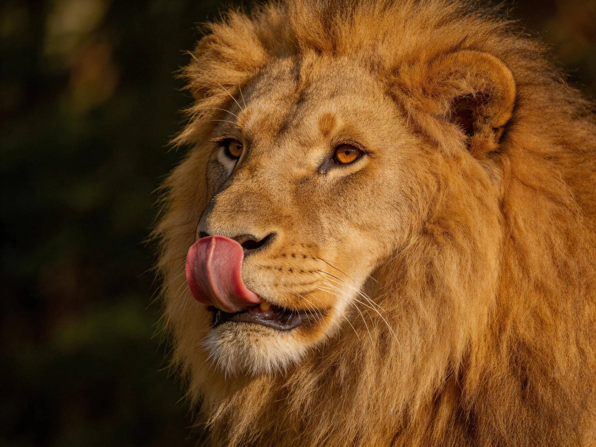 A golden lion licks its nose while displaying its thick mane.
