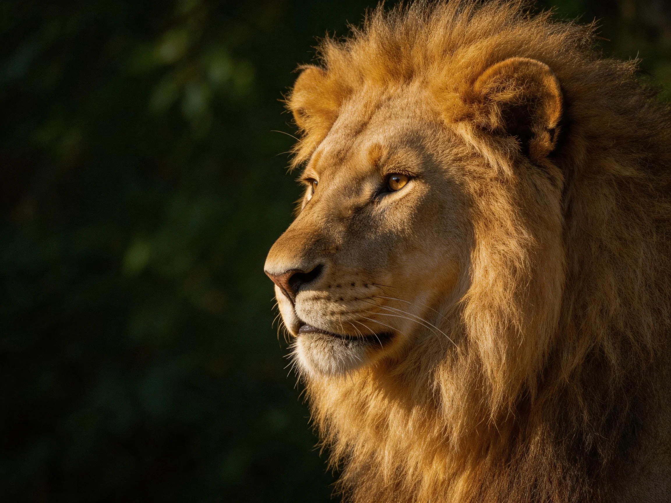 A majestic golden lion with thick mane against dark foliage