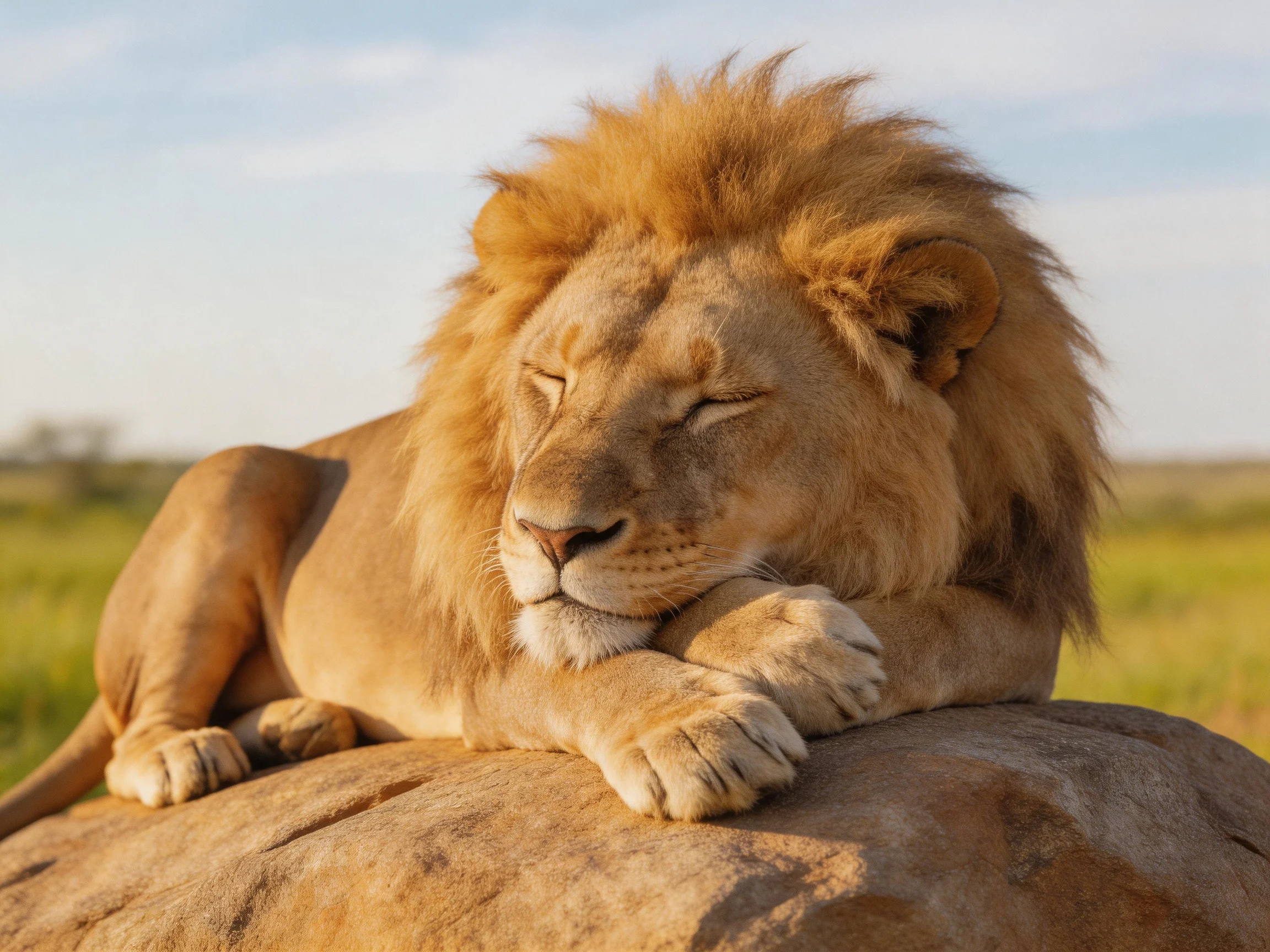A majestic golden-maned lion rests upon a large brown rock in an open savannah
