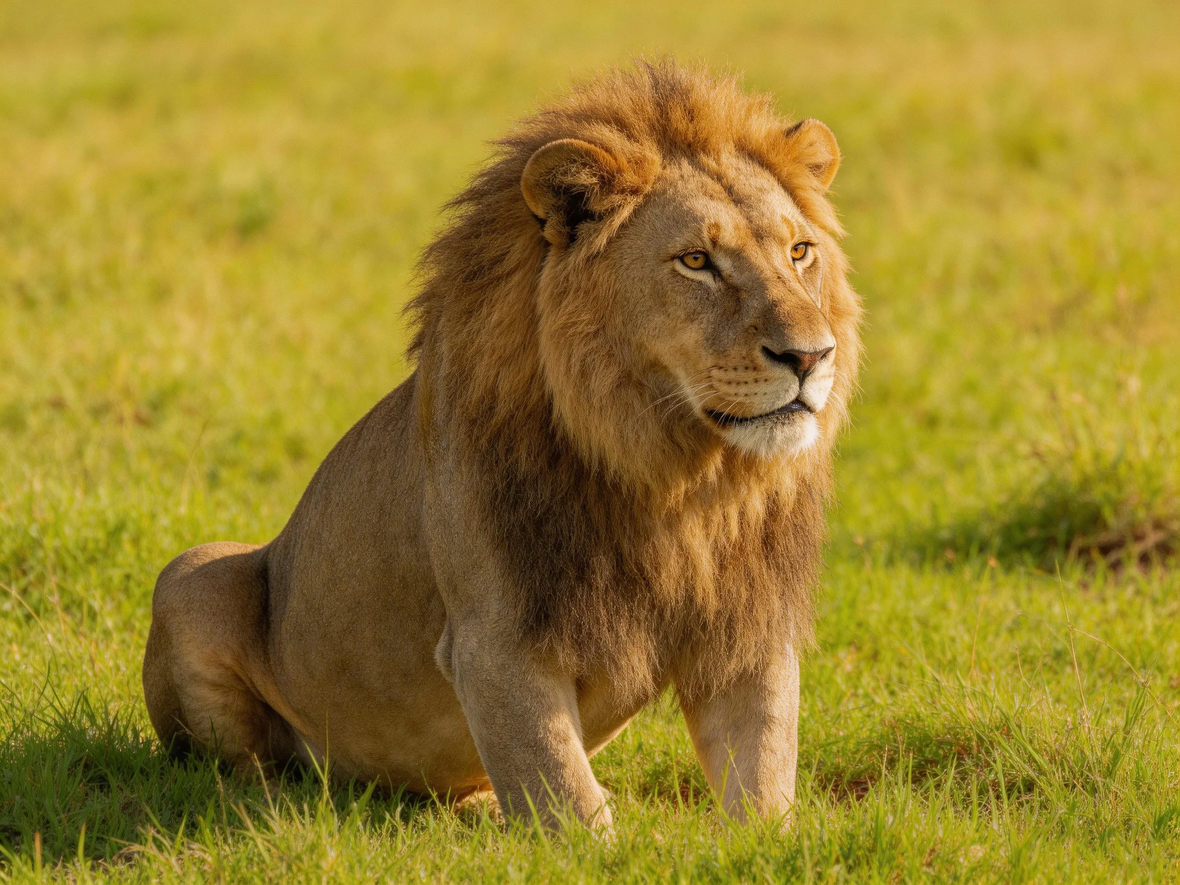 A golden-maned lion sits serenely among tall green savannah grass.