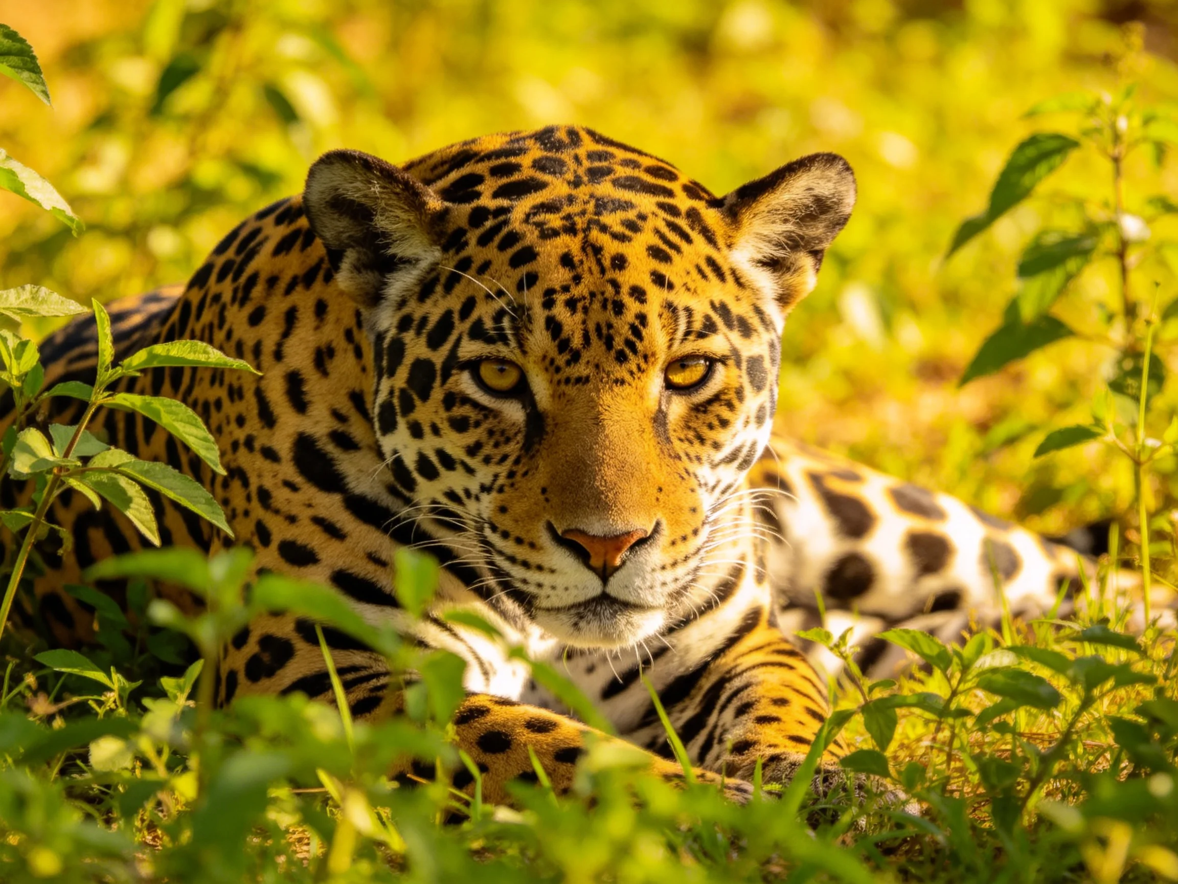 A majestic jaguar rests amid lush green foliage in golden light