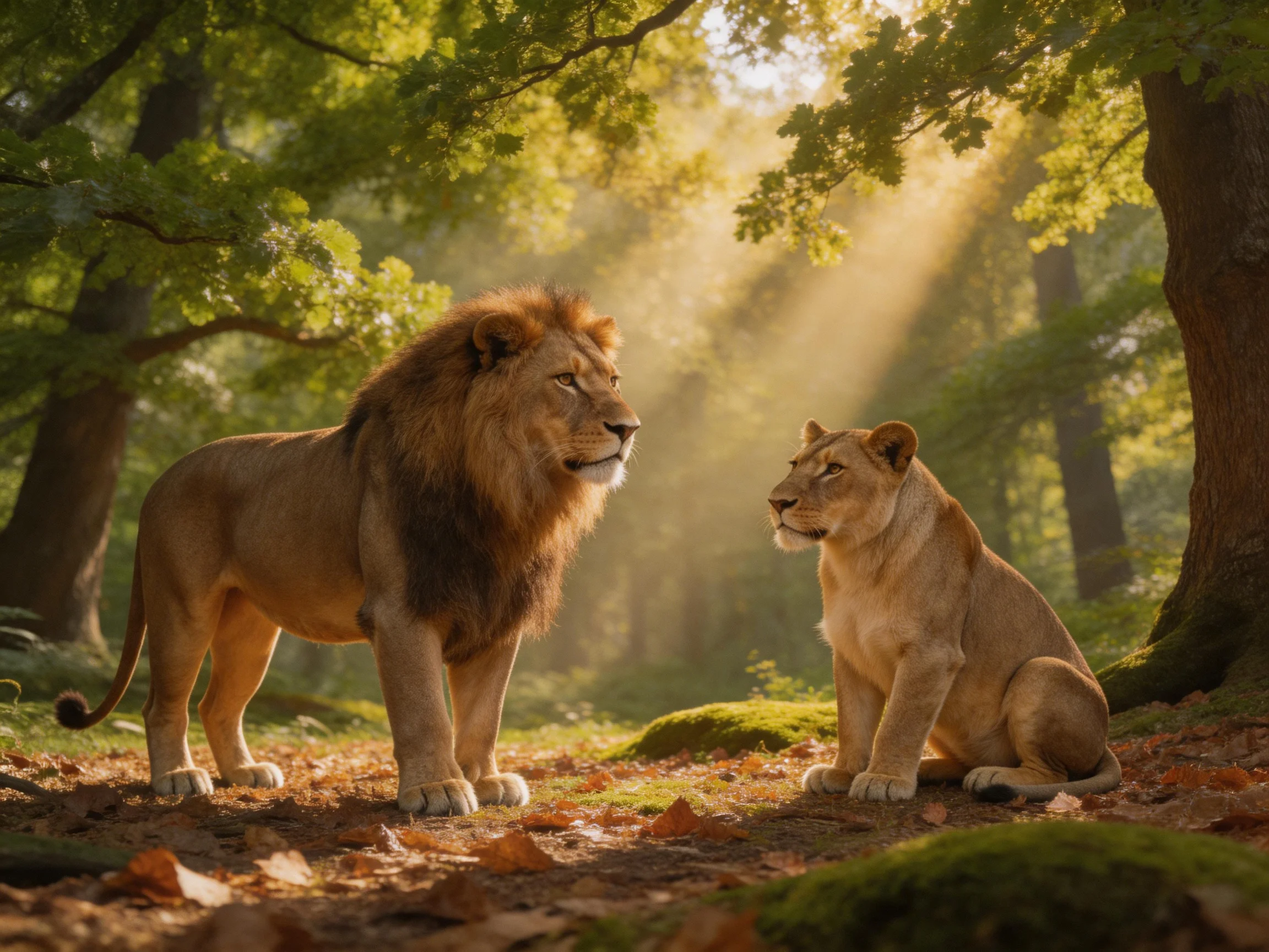 A lion and lioness interact in a sunlit forest environment.